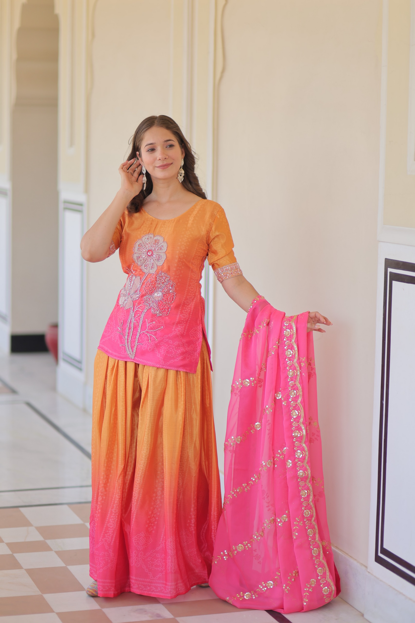 Orange Pink Chinon Print With Beads Embroidered Sharara