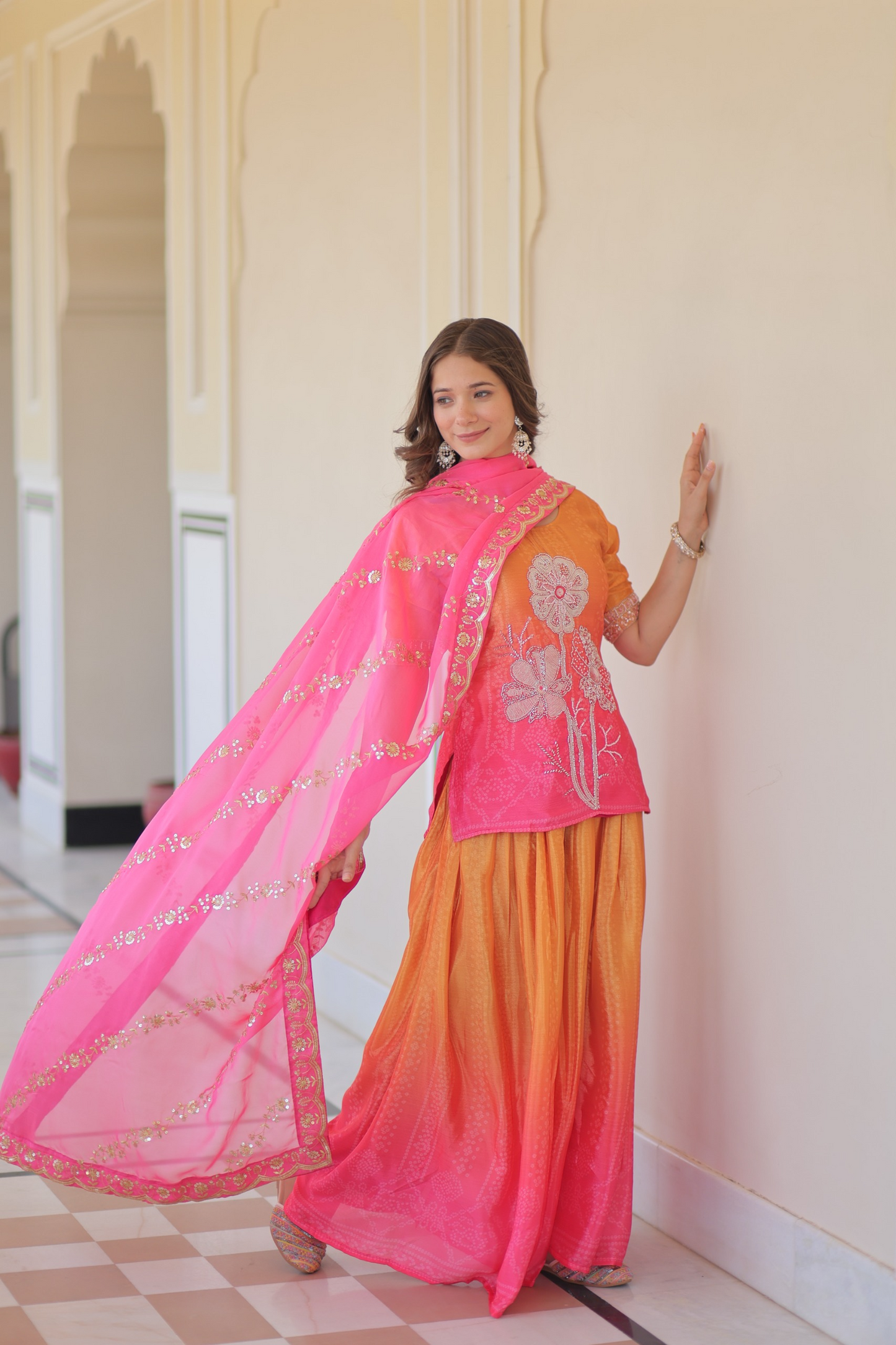 Orange Pink Chinon Print With Beads Embroidered Sharara