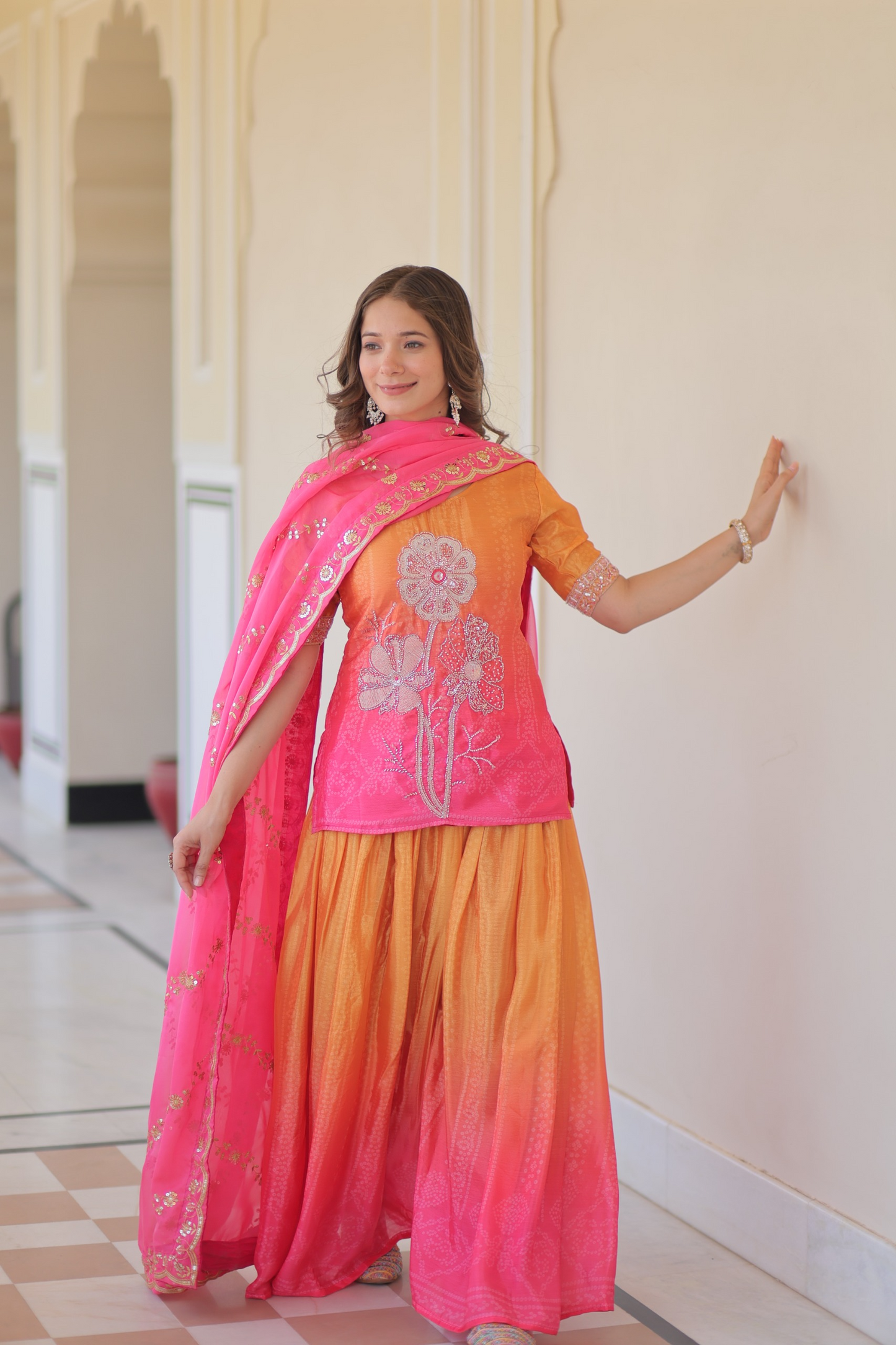 Orange Pink Chinon Print With Beads Embroidered Sharara