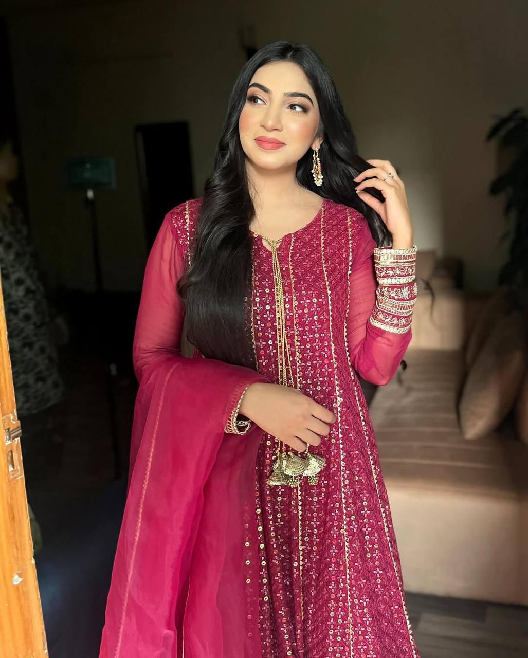 Red Faux Georgette Sequence Embroidered Gown