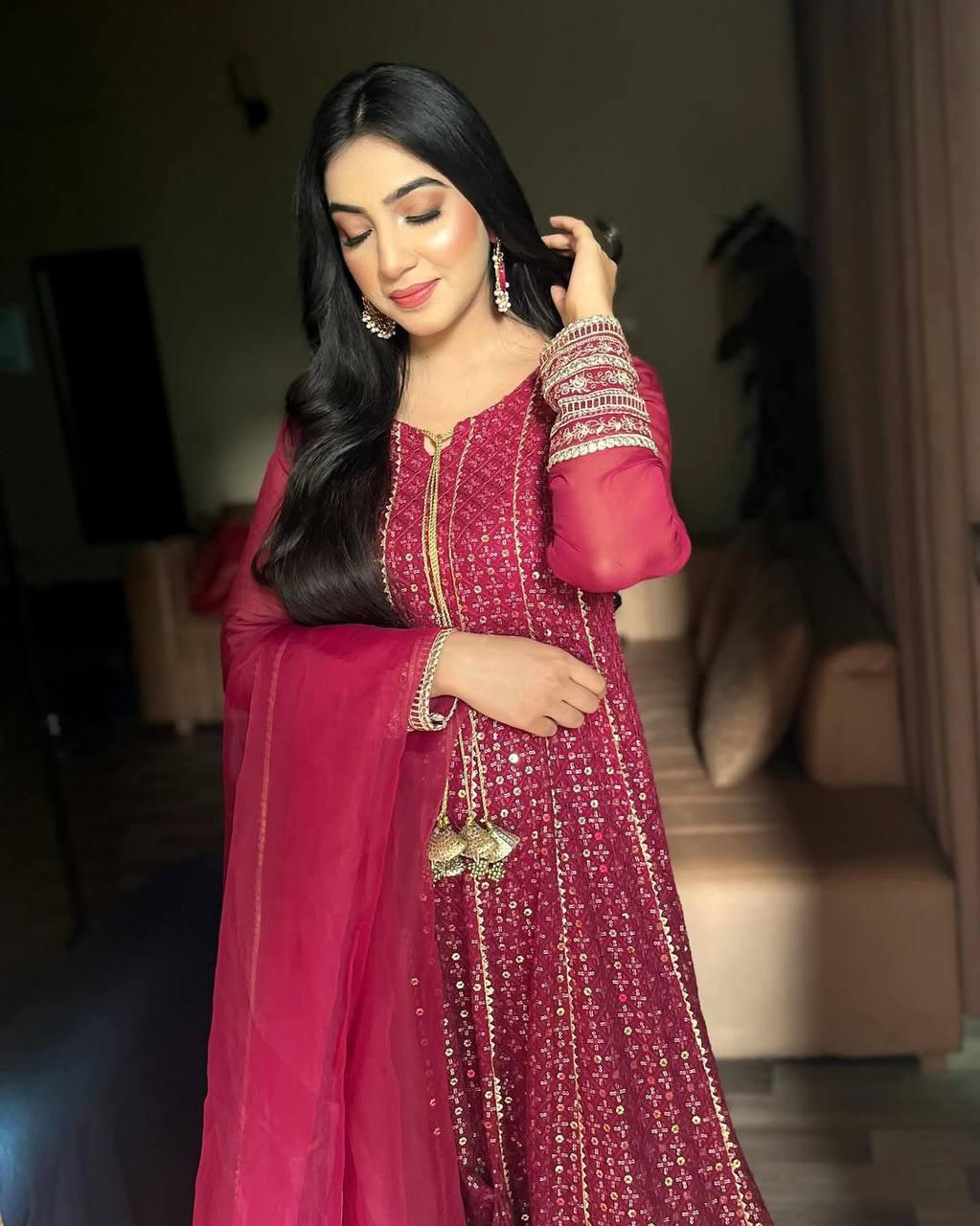 Red Faux Georgette Sequence Embroidered Gown
