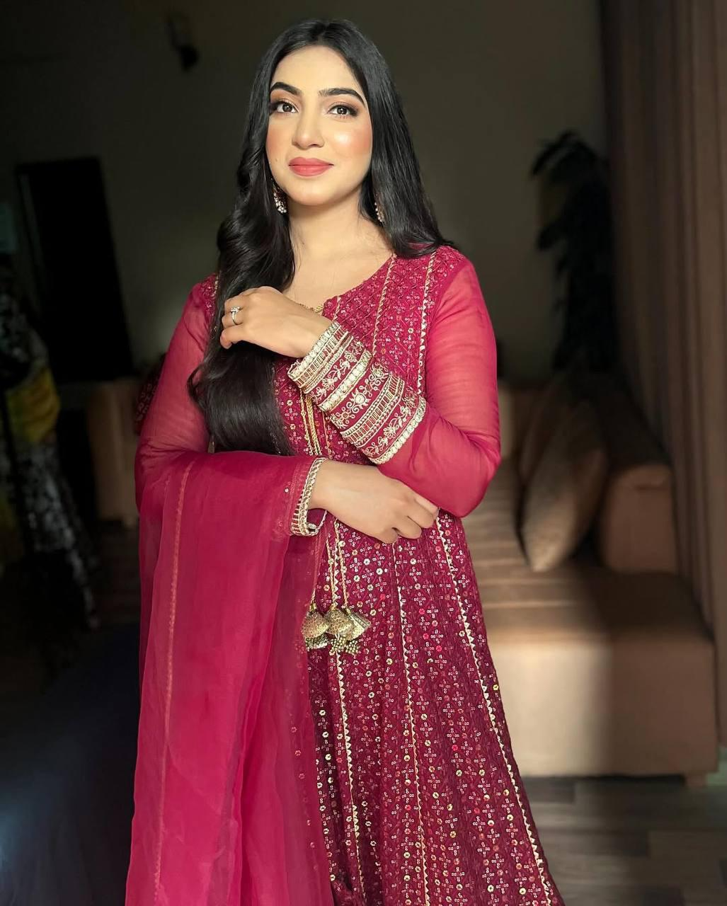 Red Faux Georgette Sequence Embroidered Gown