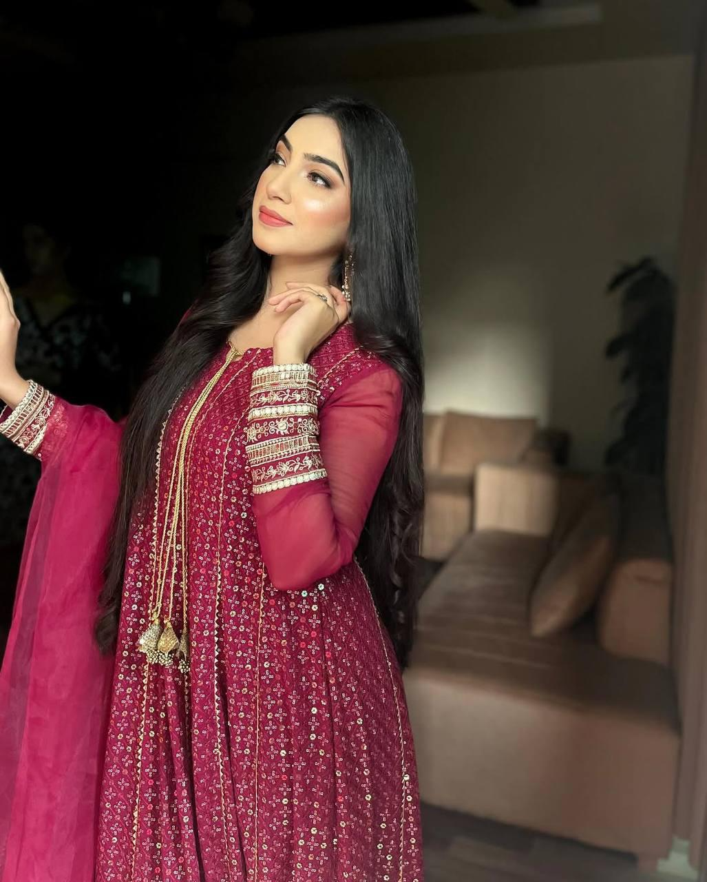 Red Faux Georgette Sequence Embroidered Gown