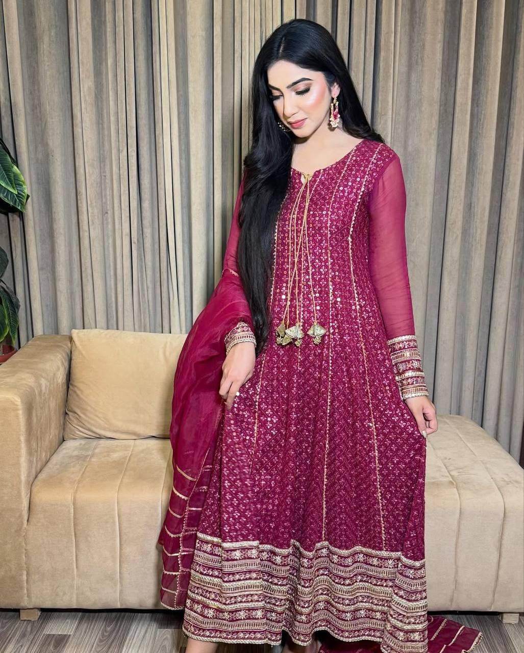 Red Faux Georgette Sequence Embroidered Gown