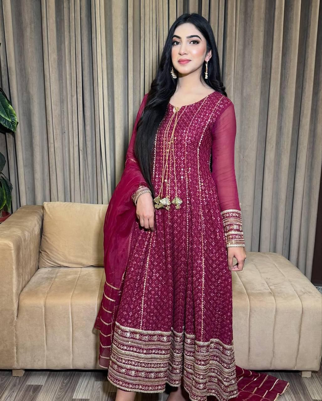 Red Faux Georgette Sequence Embroidered Gown