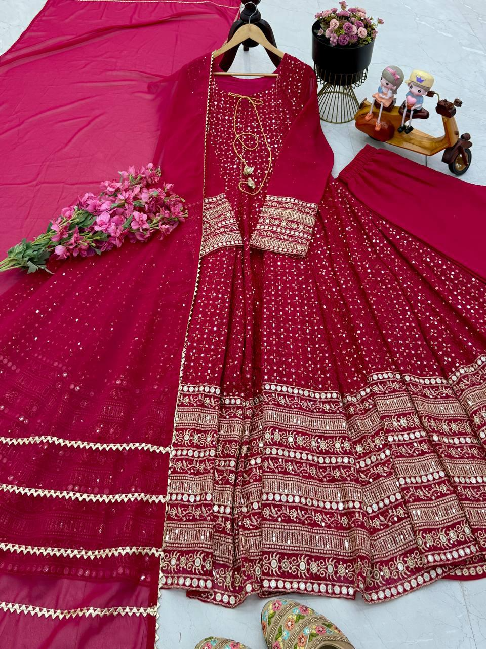 Red Faux Georgette Sequence Embroidered Gown