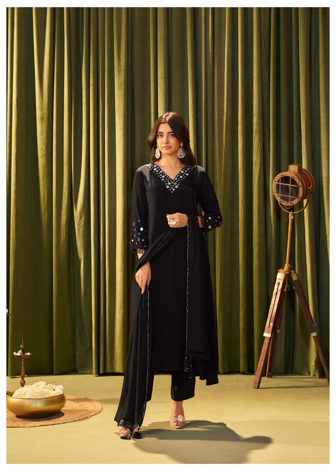 Black Festive A-line Suit Set