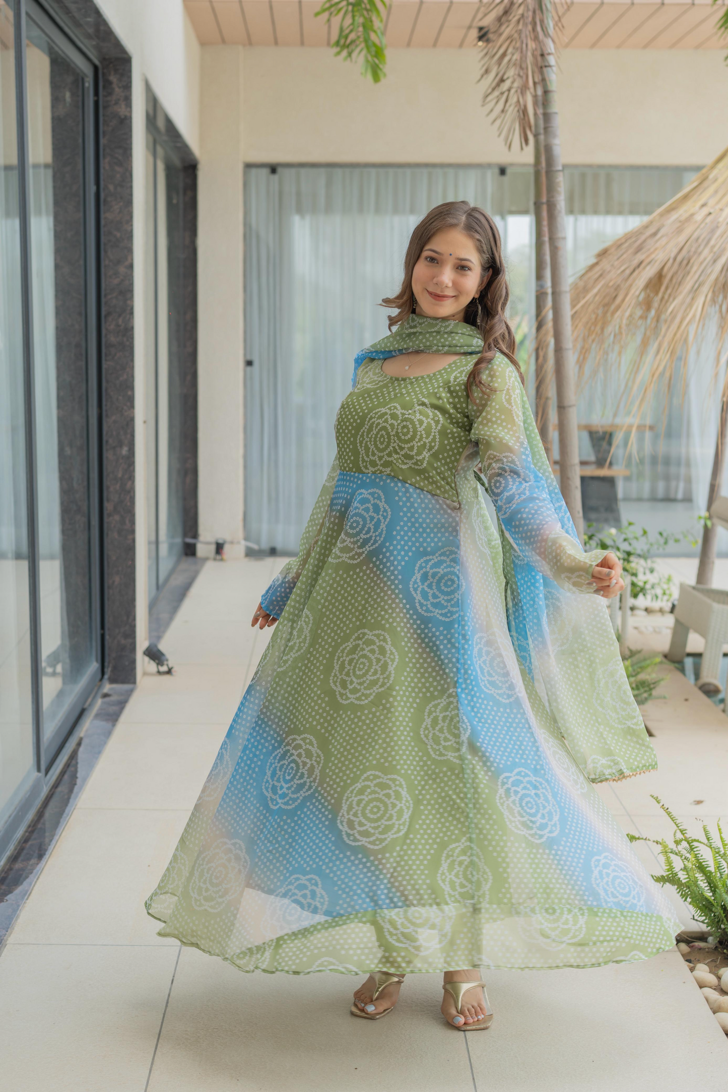 Organza Bandhej Kali Cut Anarkali Suit Set