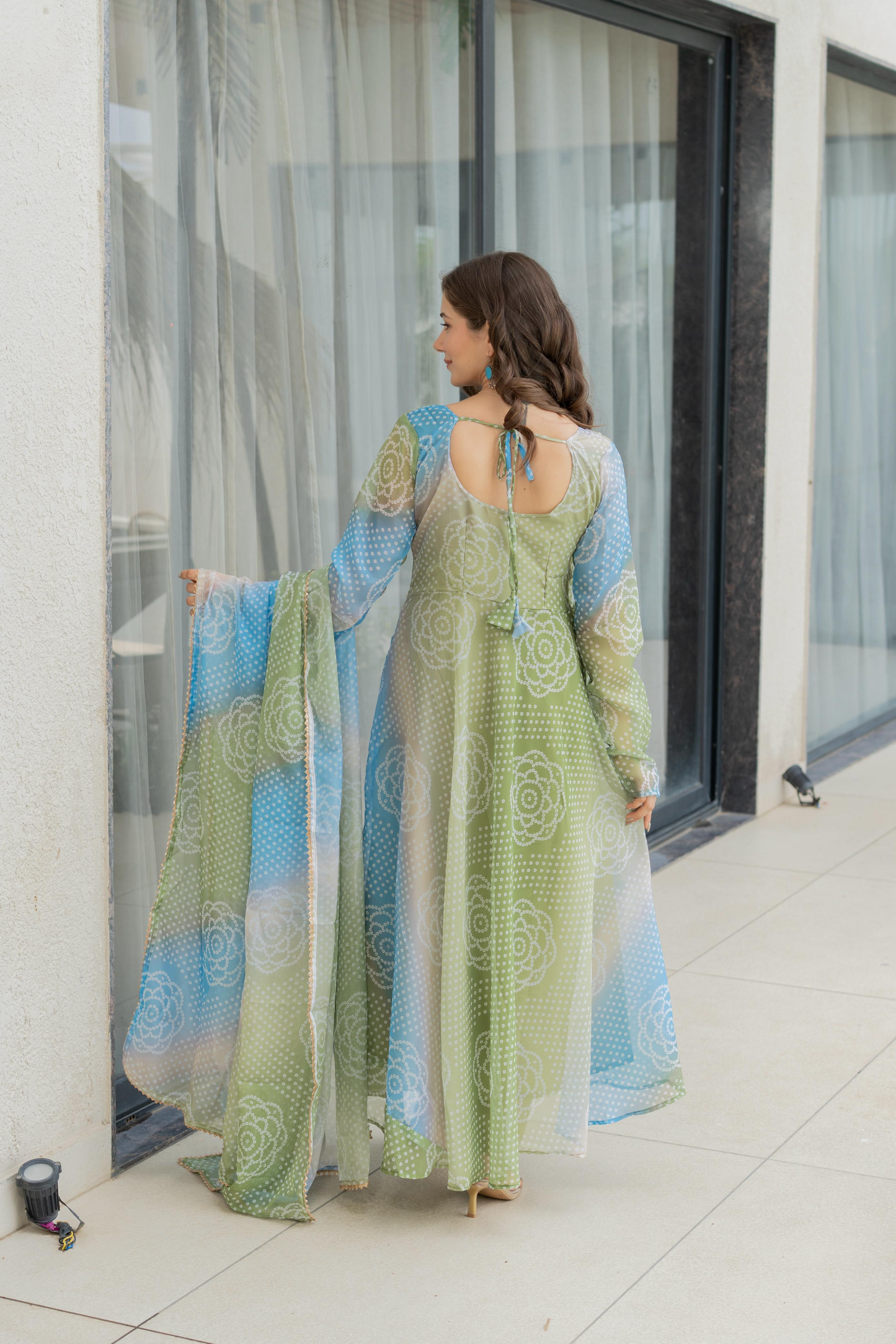 Organza Bandhej Kali Cut Anarkali Suit Set