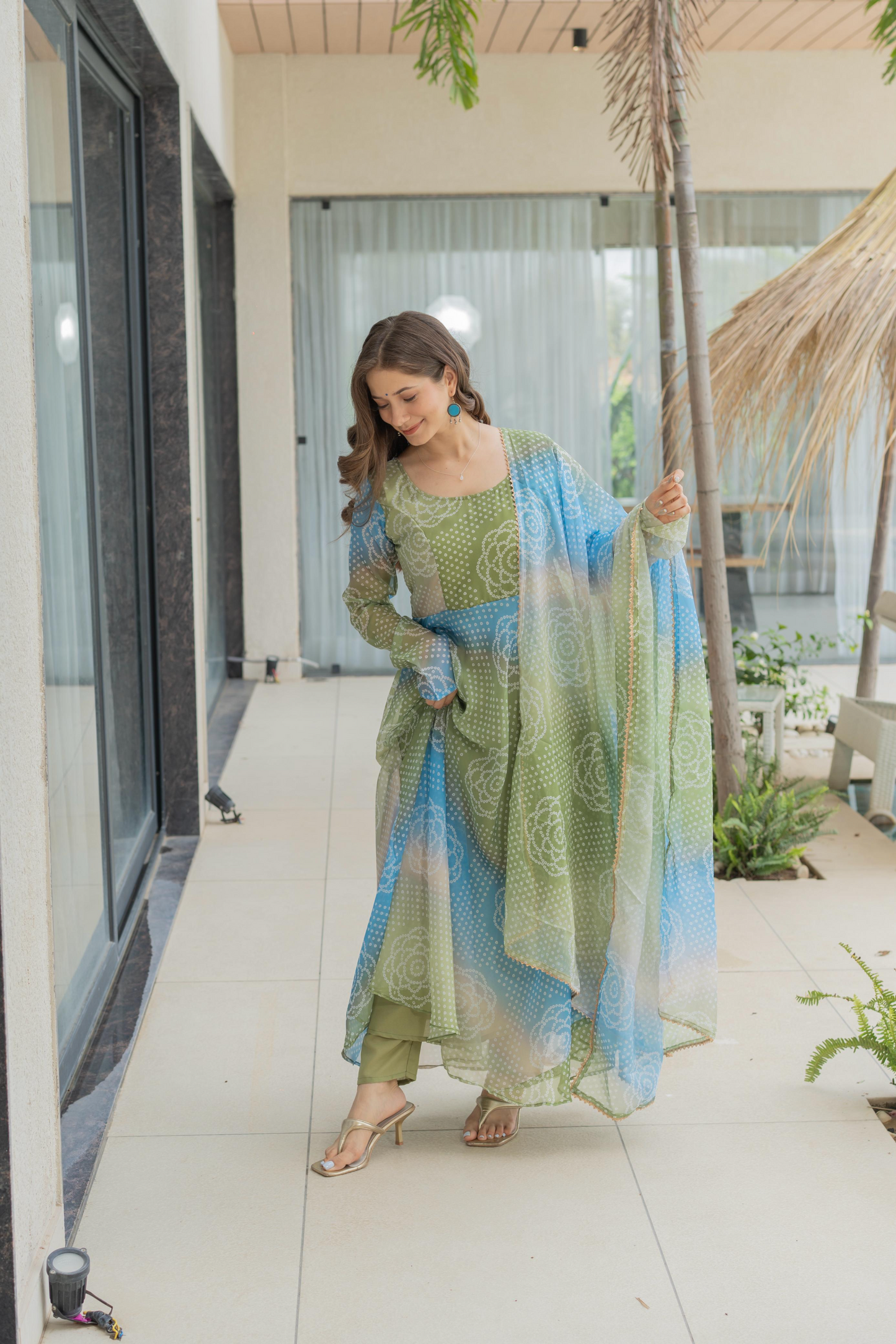 Organza Bandhej Kali Cut Anarkali Suit Set