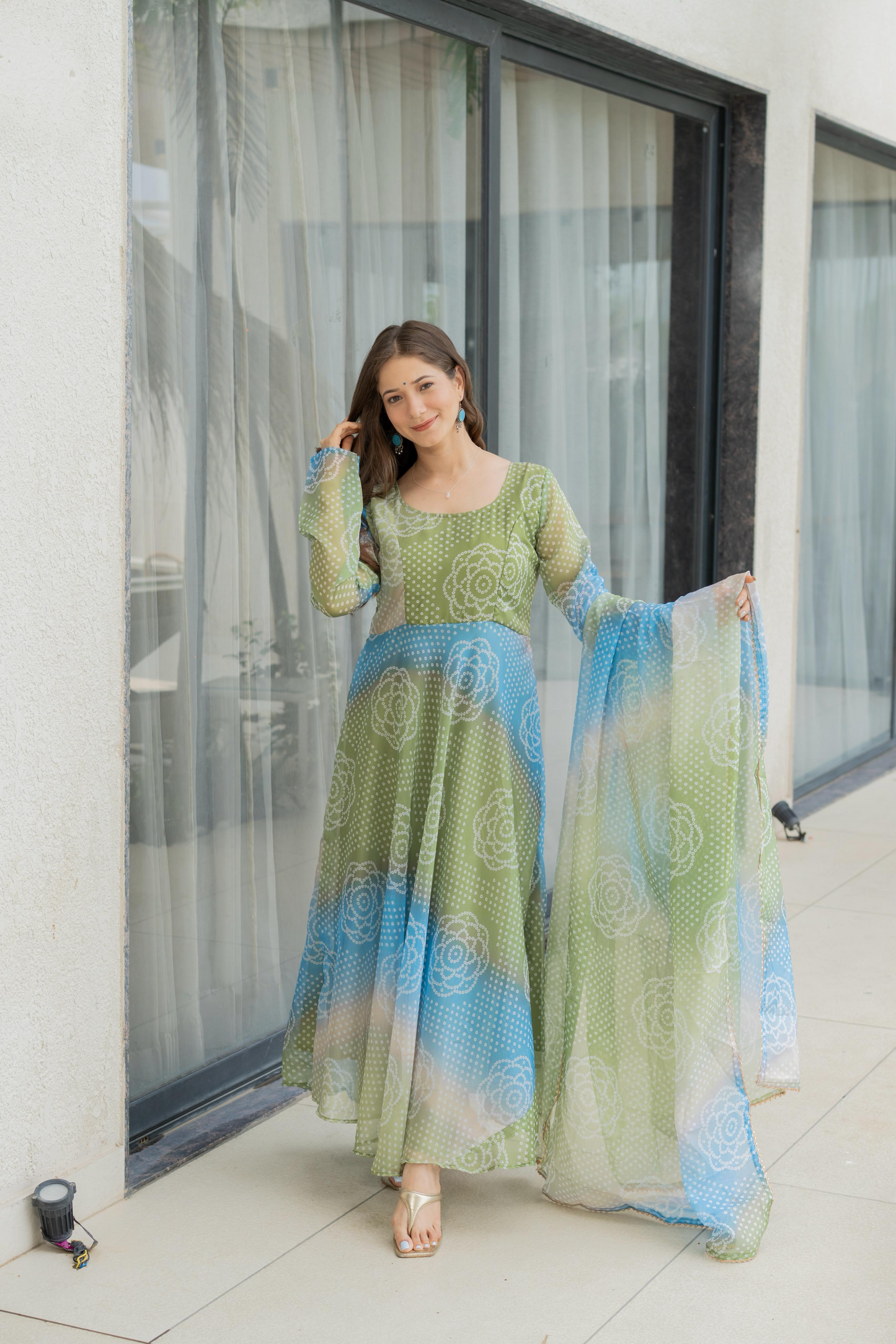 Organza Bandhej Kali Cut Anarkali Suit Set