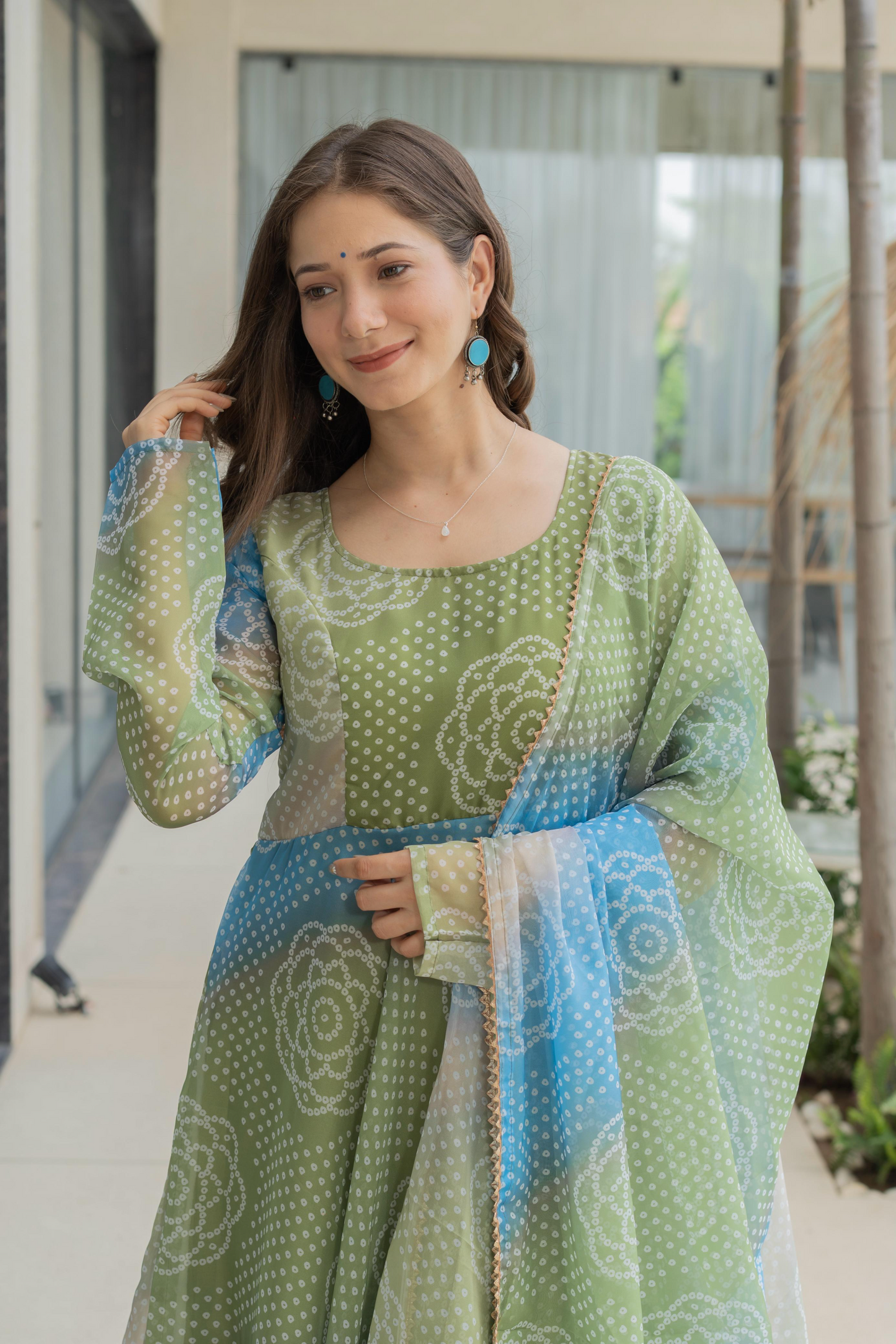 Organza Bandhej Kali Cut Anarkali Suit Set
