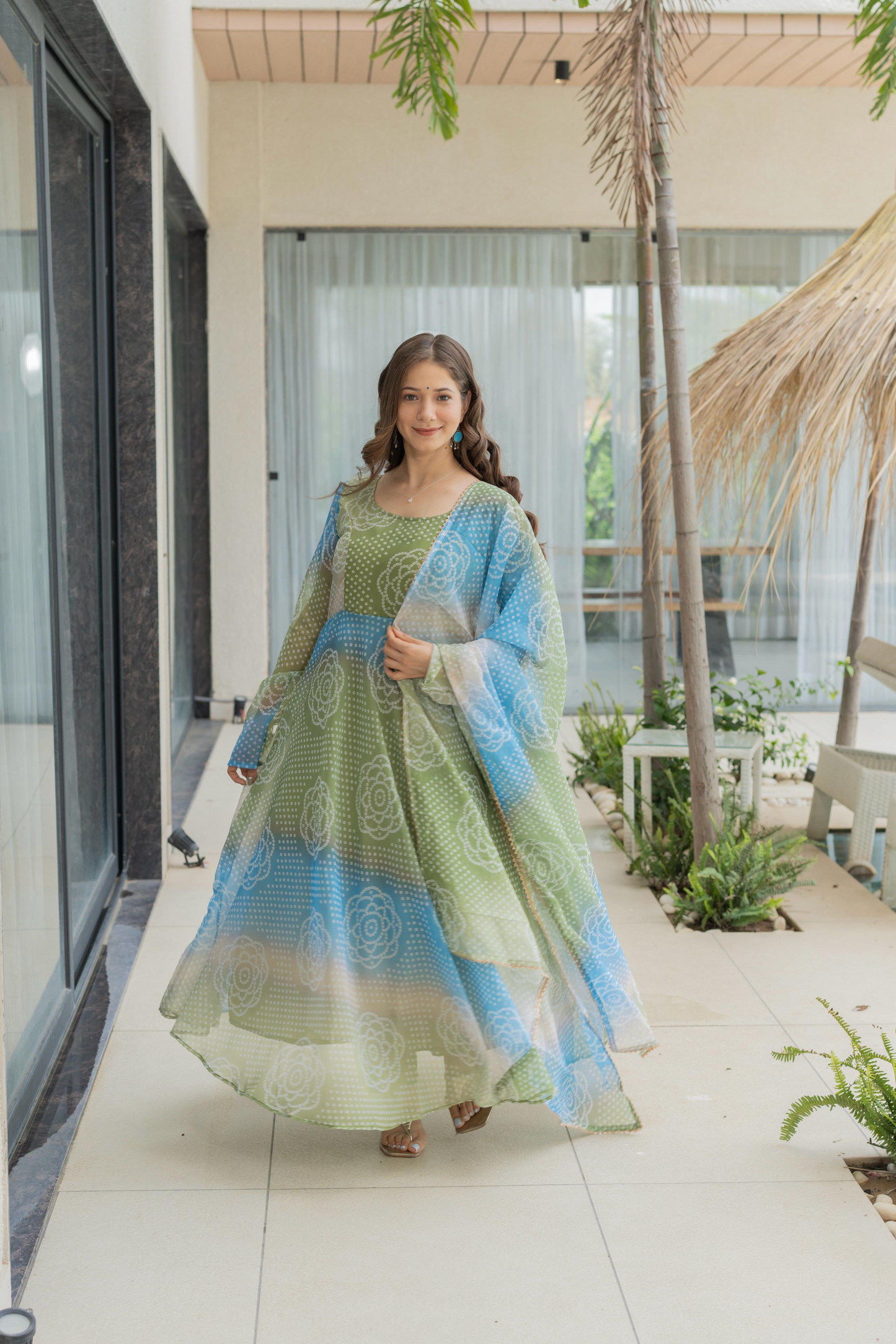Organza Bandhej Kali Cut Anarkali Suit Set