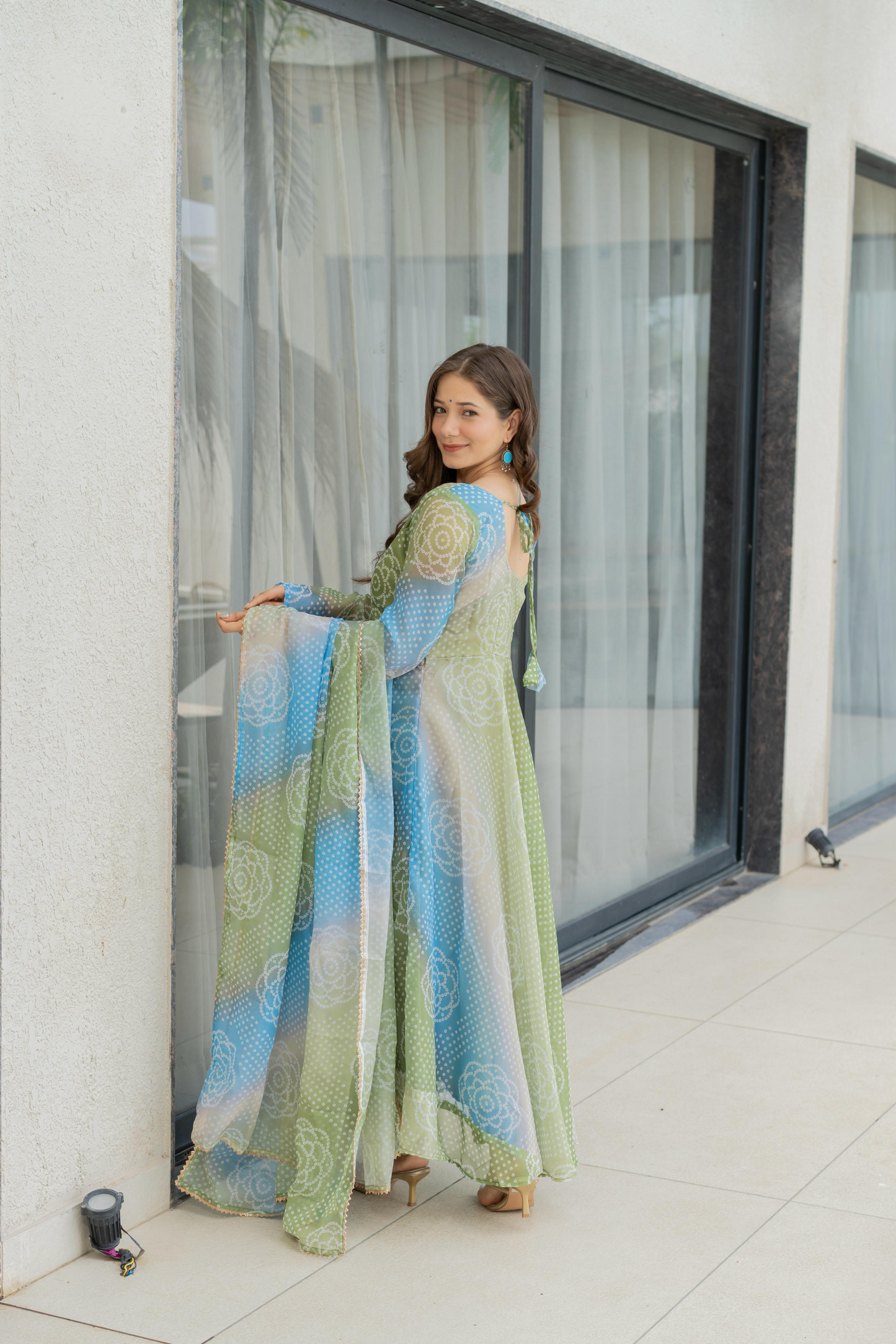 Organza Bandhej Kali Cut Anarkali Suit Set