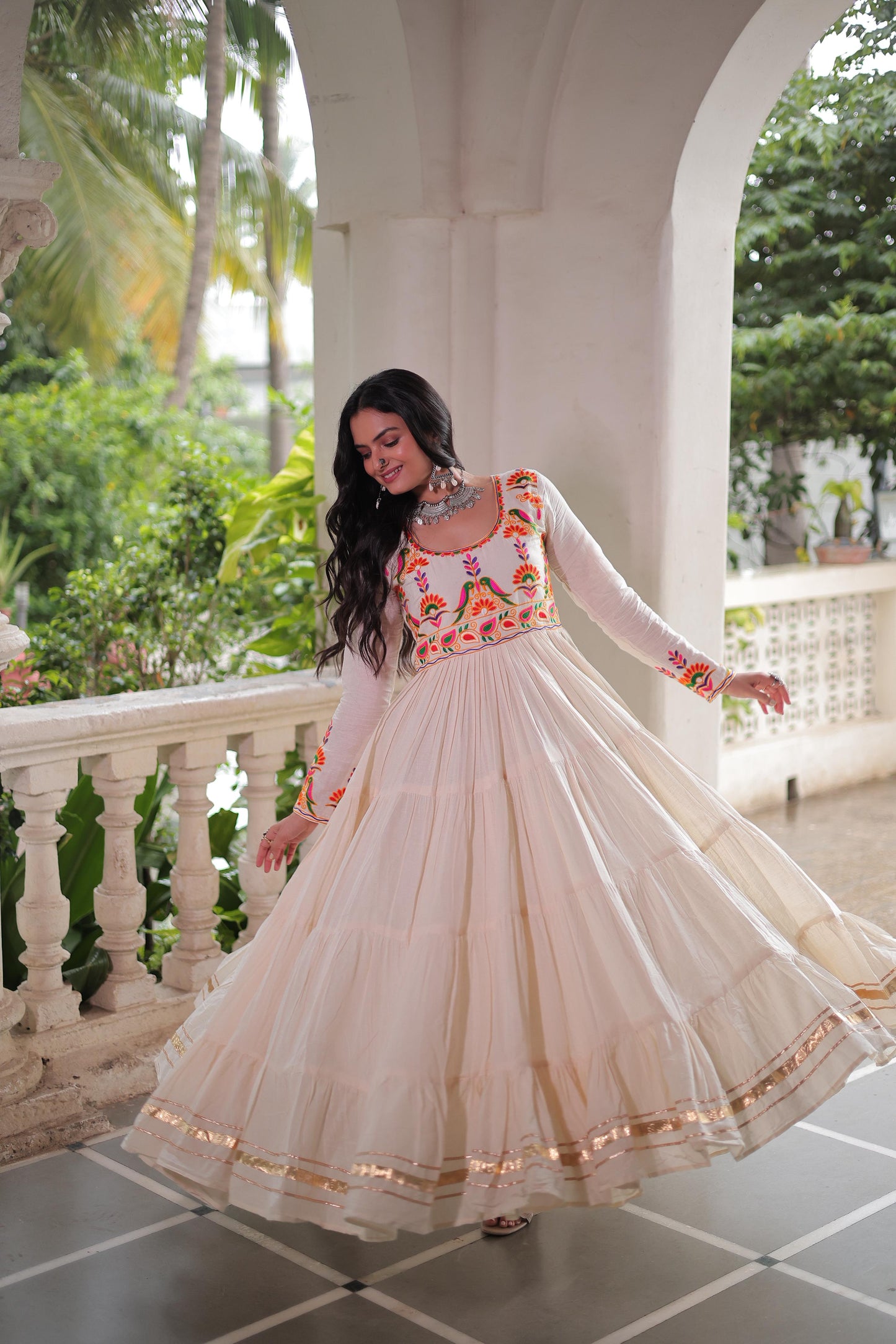 Off White Kora Cotton With Multi Thread Embroidered & Gota Patti Gown (Customizable)