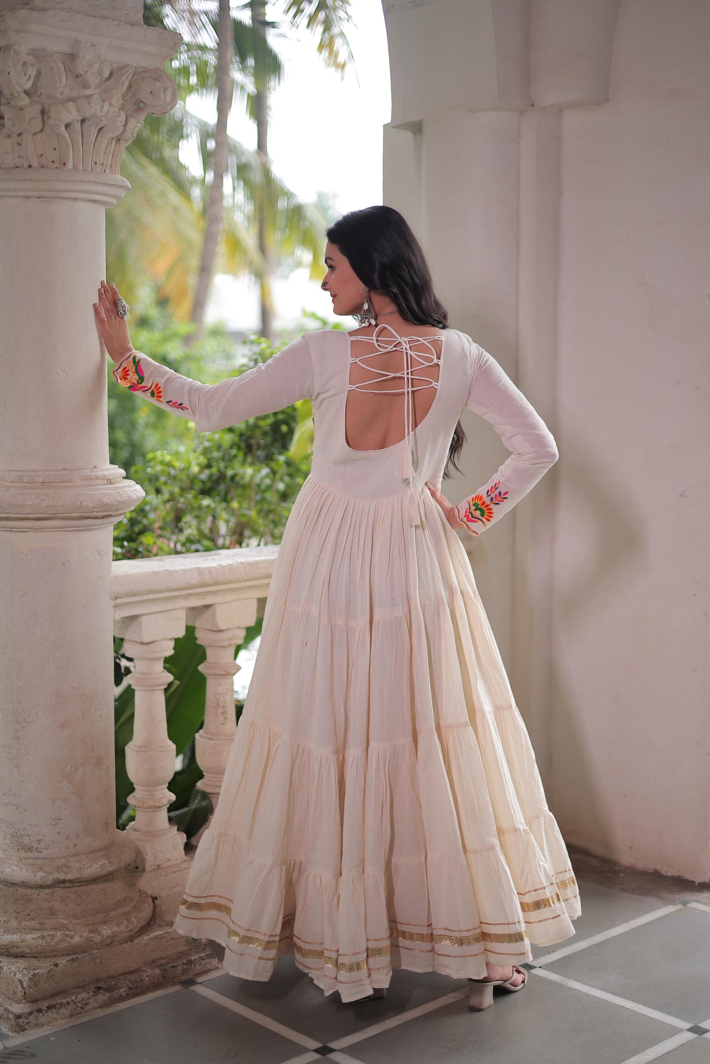 Off White Kora Cotton With Multi Thread Embroidered & Gota Patti Gown (Customizable)