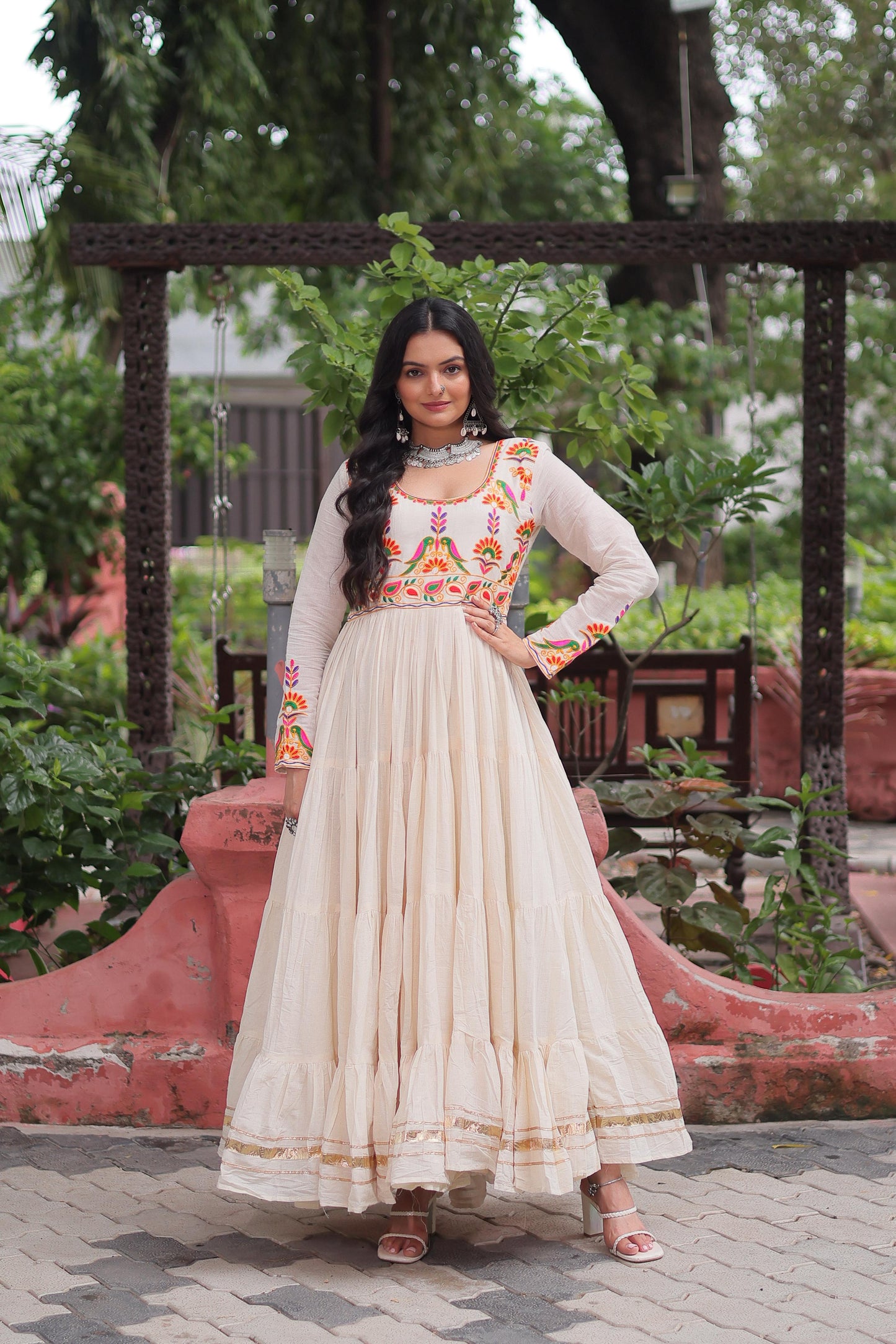 Off White Kora Cotton With Multi Thread Embroidered & Gota Patti Gown (Customizable)