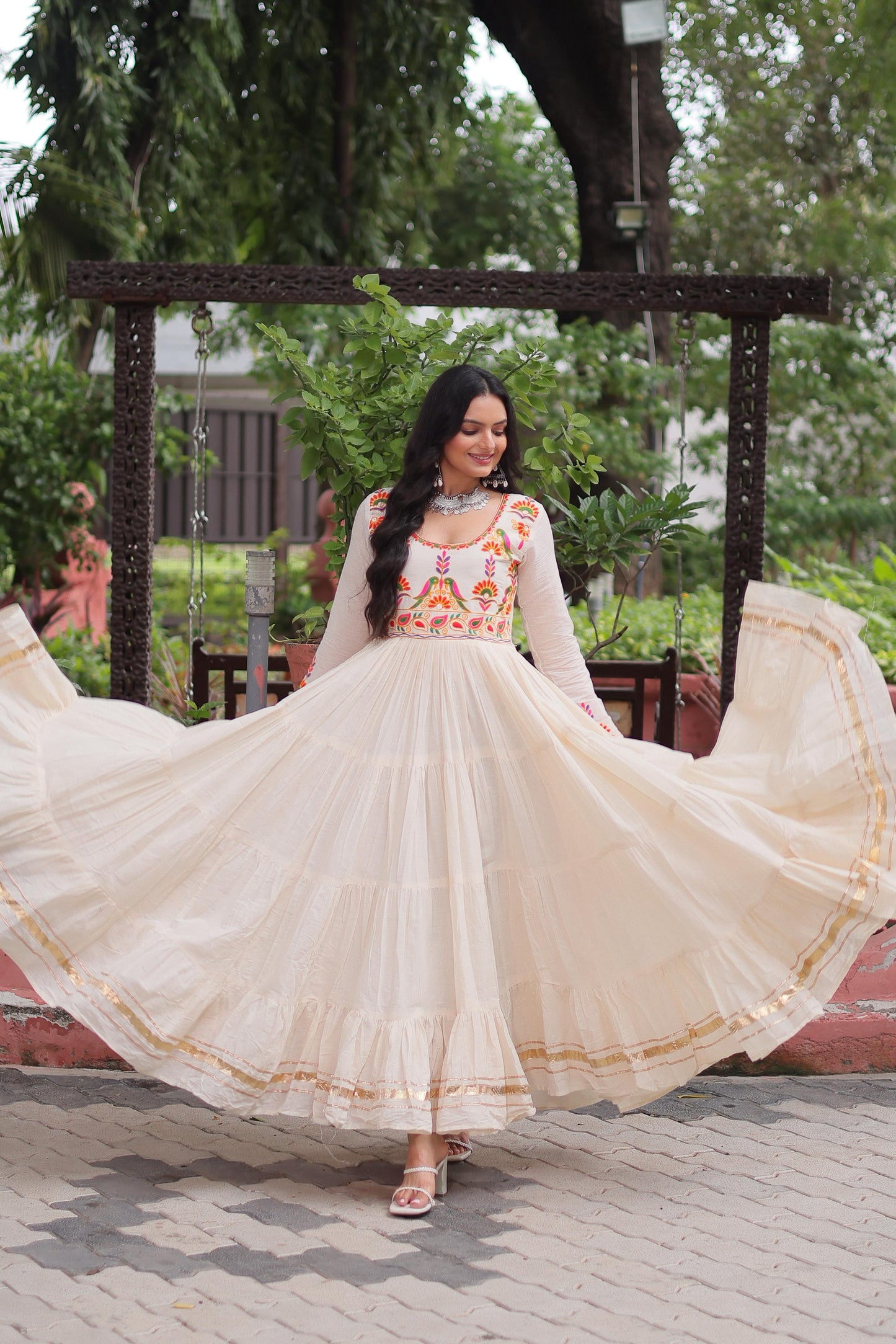 Off White Kora Cotton With Multi Thread Embroidered & Gota Patti Gown (Customizable)