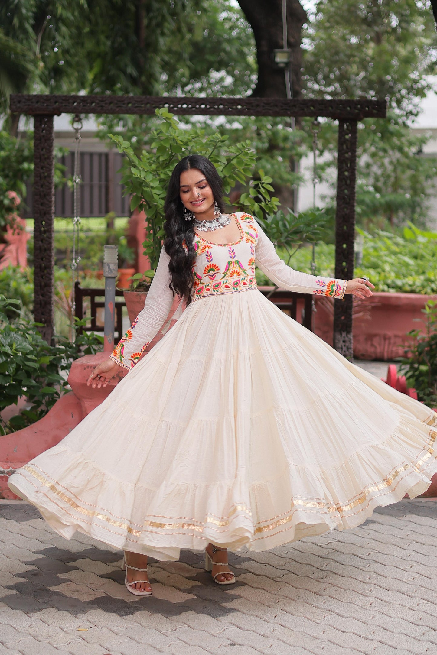 Off White Kora Cotton With Multi Thread Embroidered & Gota Patti Gown (Customizable)