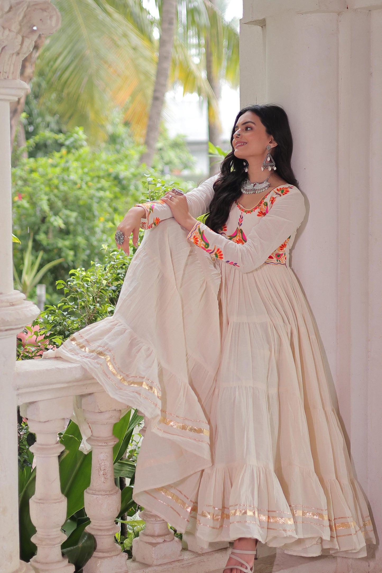 Off White Kora Cotton With Multi Thread Embroidered & Gota Patti Gown (Customizable)