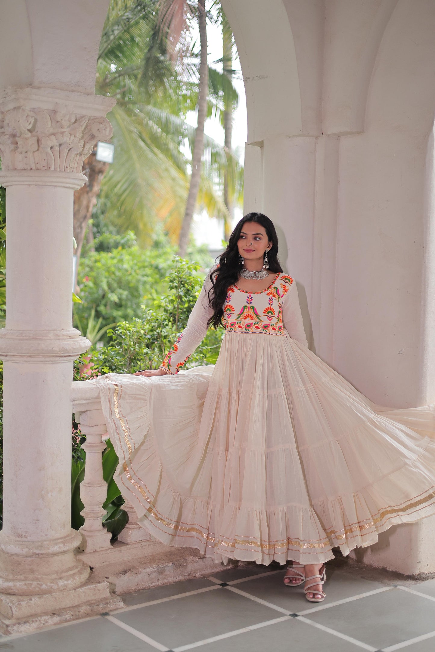 Off White Kora Cotton With Multi Thread Embroidered & Gota Patti Gown (Customizable)