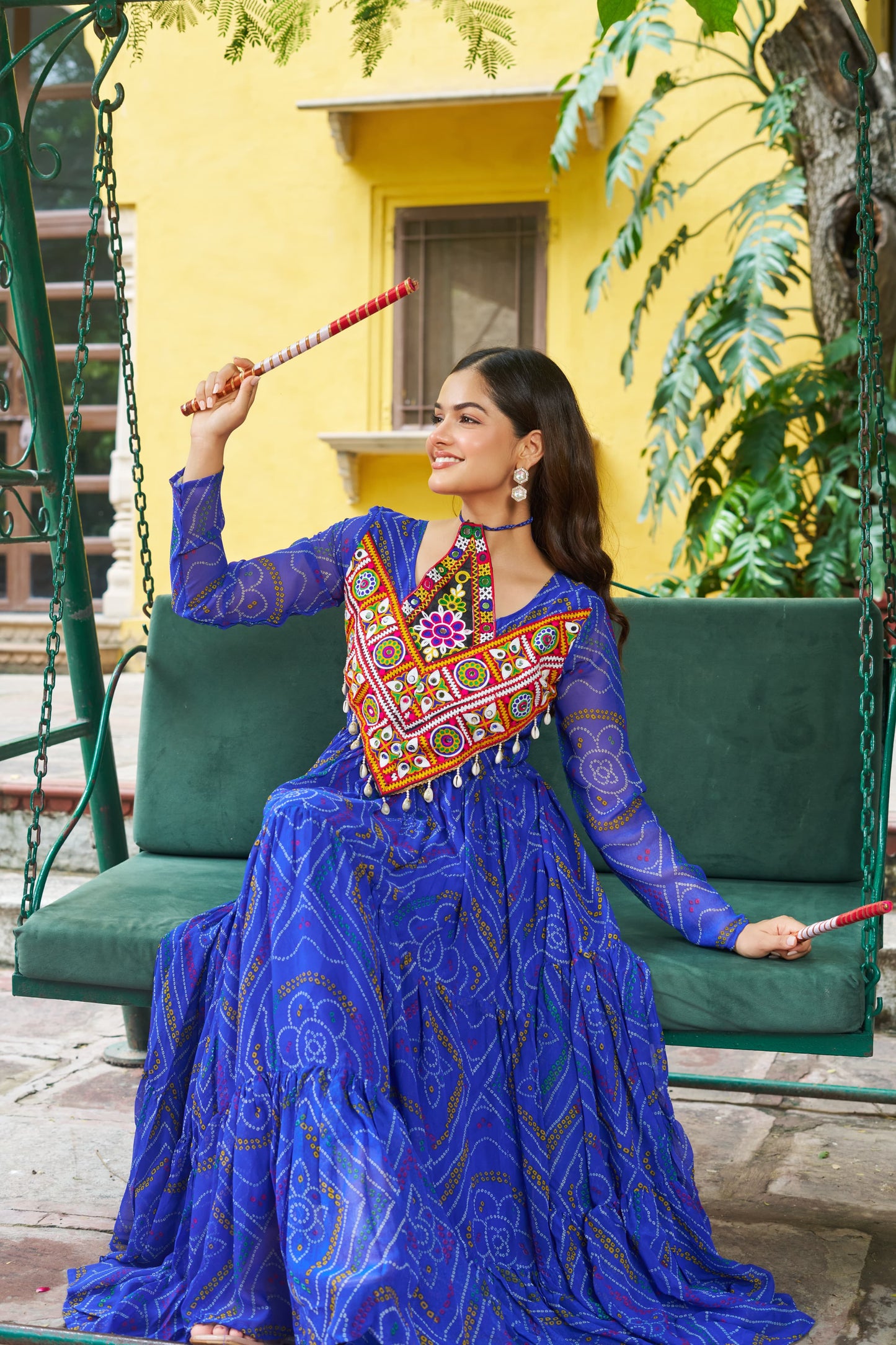 Blue Georgette Kutchi Bandhani Patch Work Gown