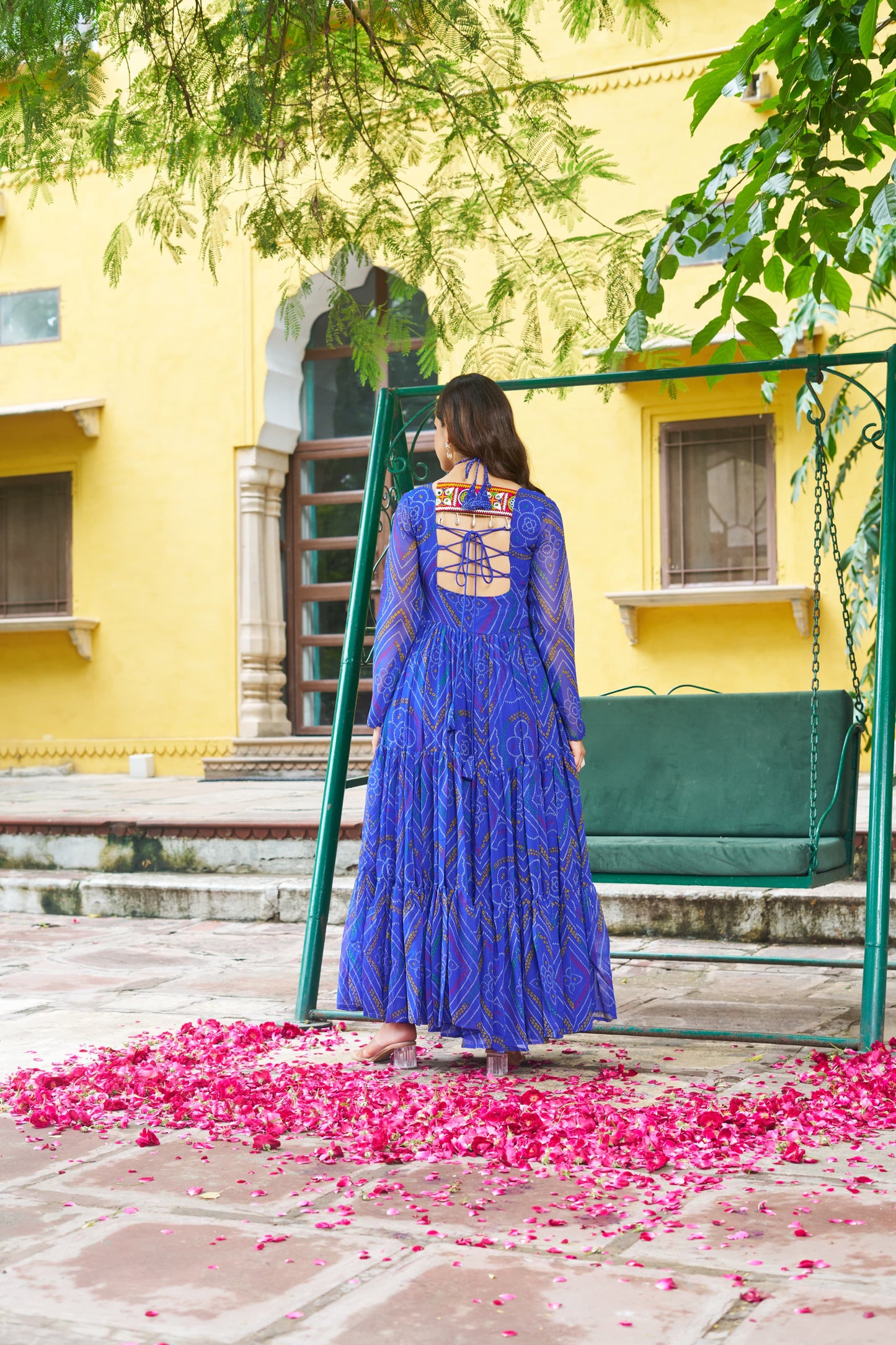 Blue Georgette Kutchi Bandhani Patch Work Gown