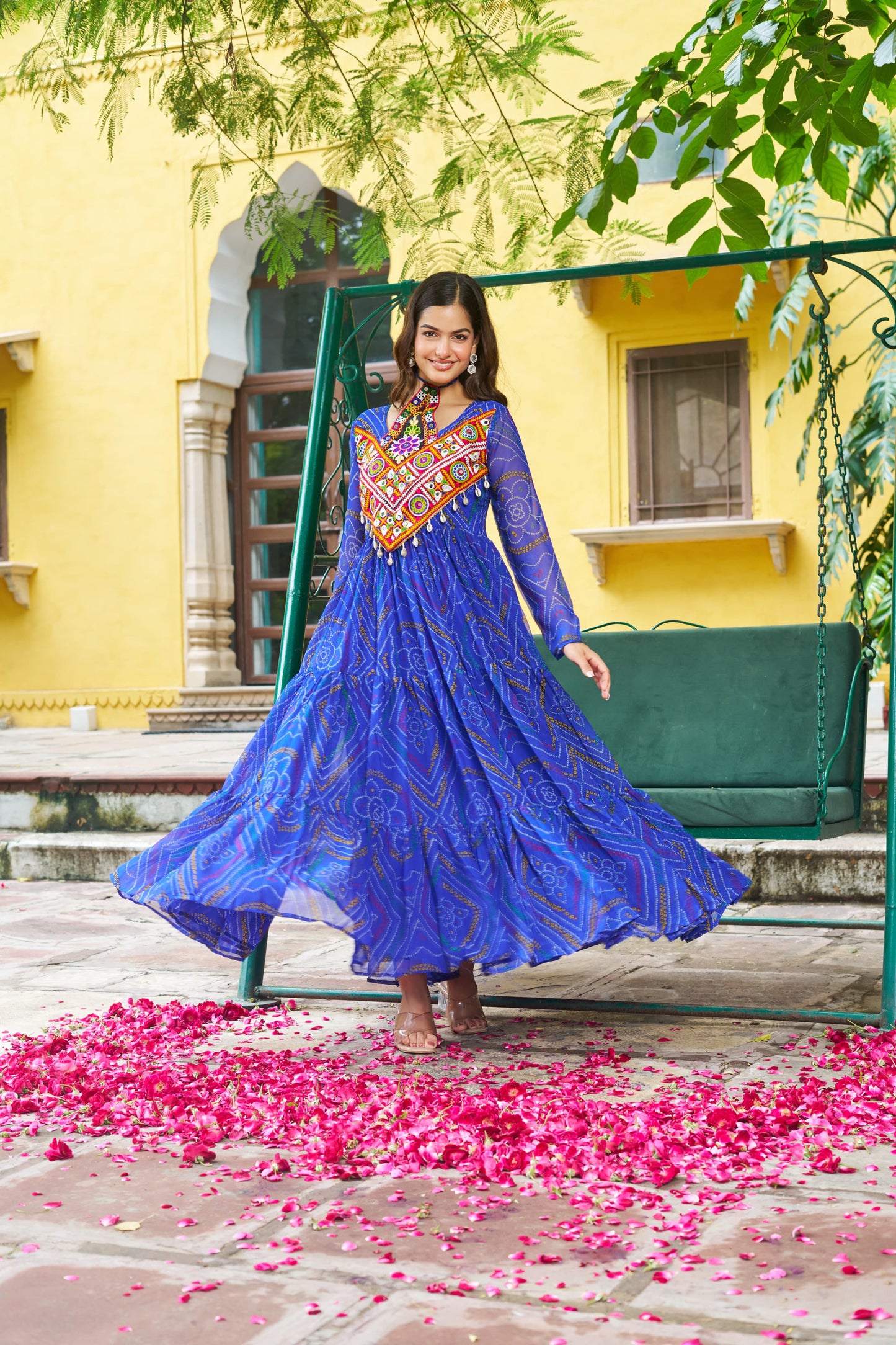 Blue Georgette Kutchi Bandhani Patch Work Gown