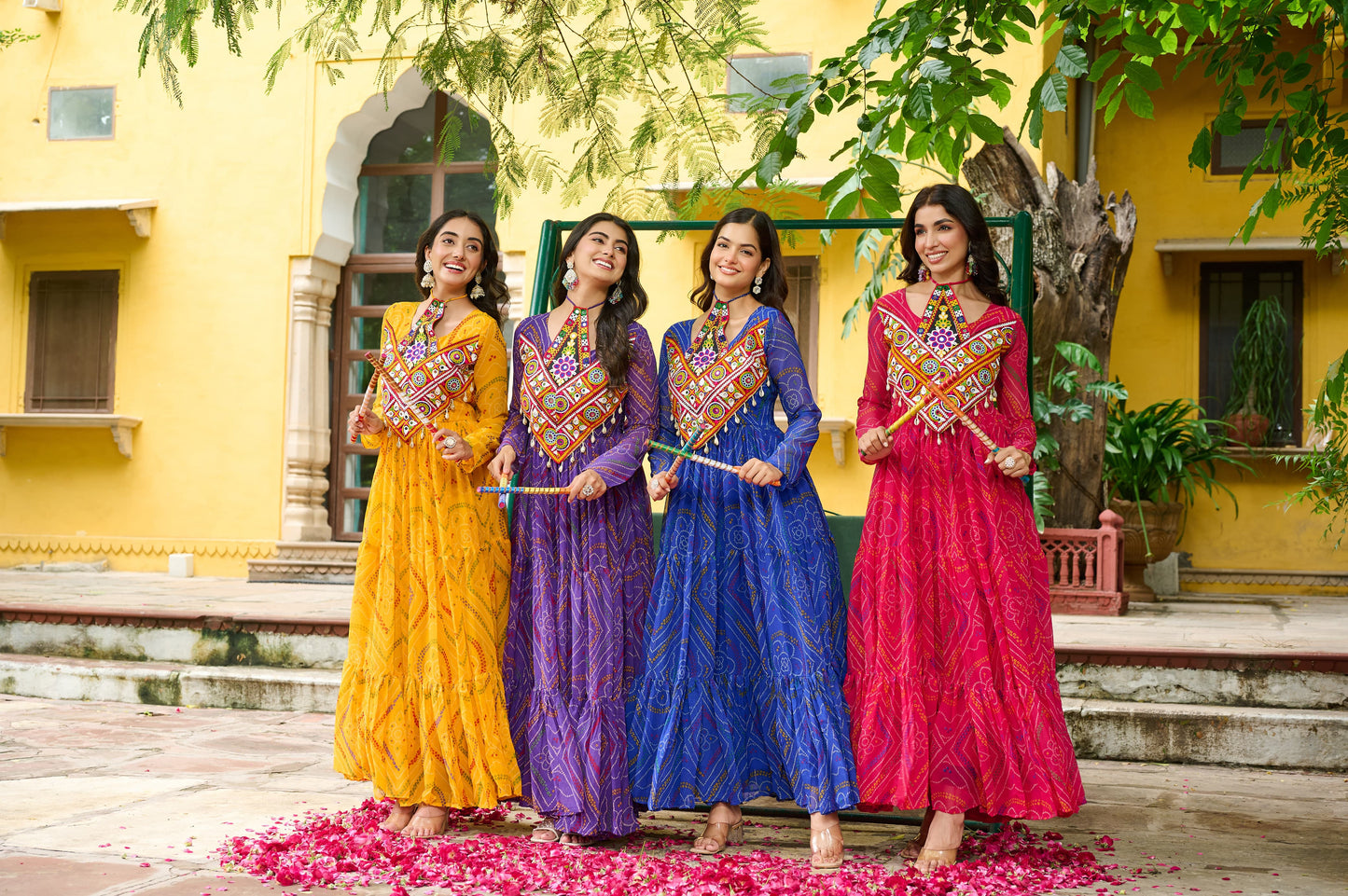 Purple Georgette Kutchi Bandhani Patch Work Gown