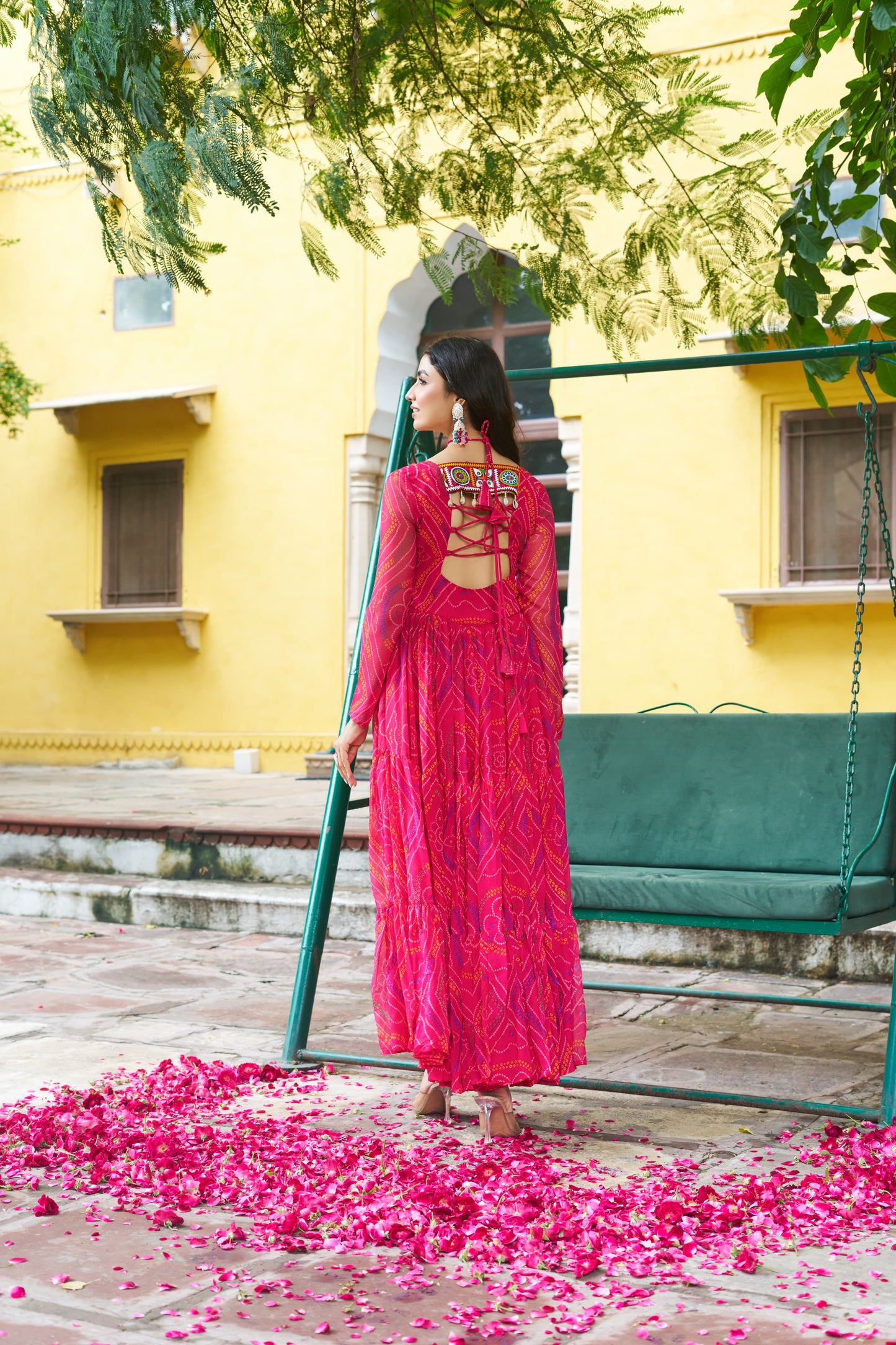 Red Georgette Kutchi Bandhani Patch Work Gown