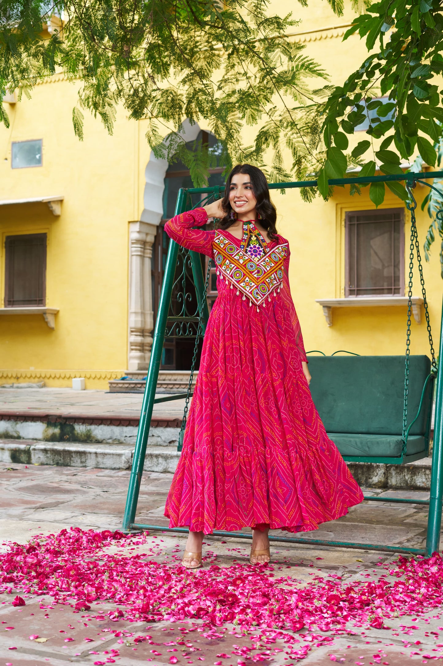 Red Georgette Kutchi Bandhani Patch Work Gown