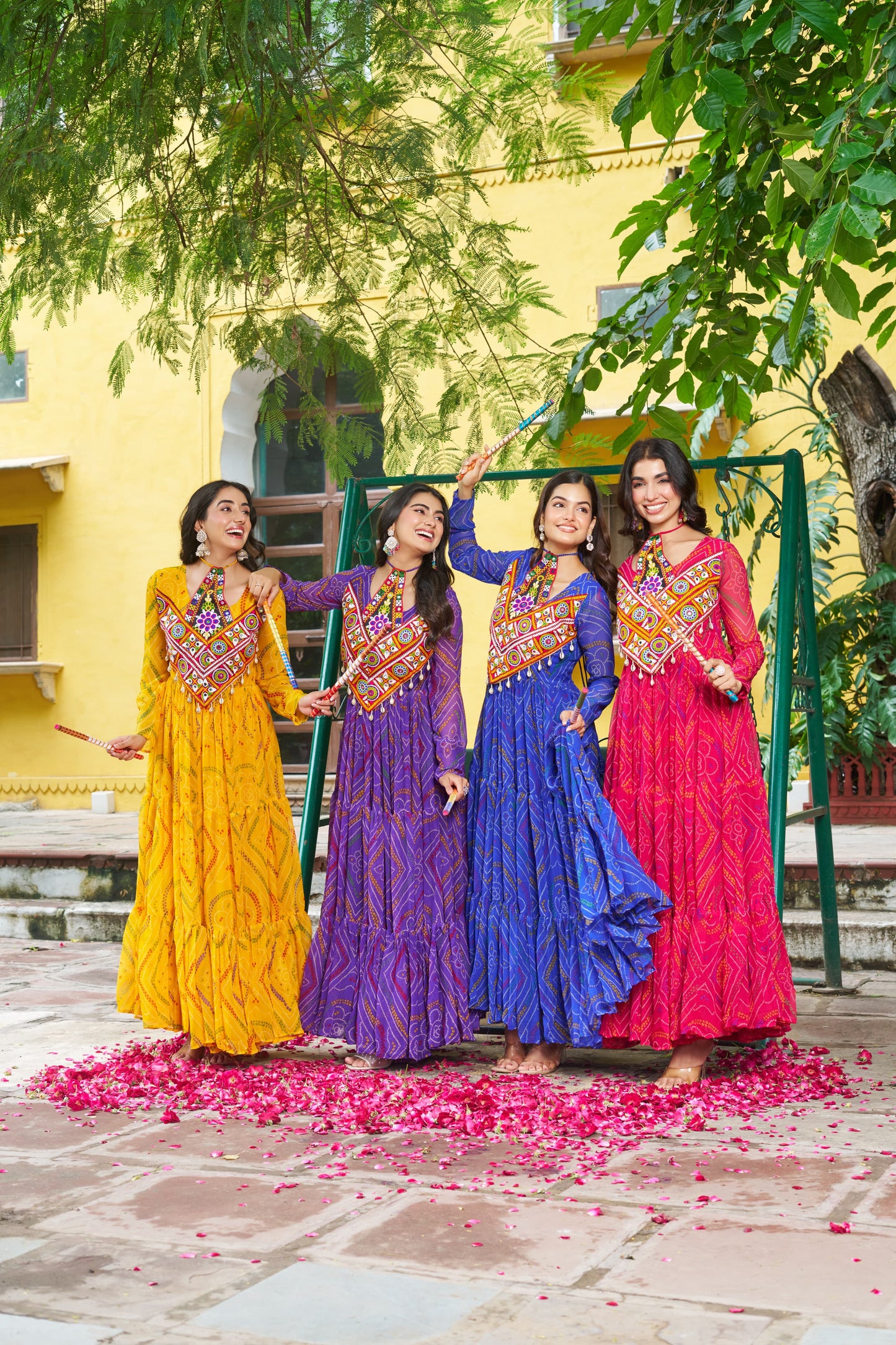 Yellow Georgette Kutchi Bandhani Patch Work Gown