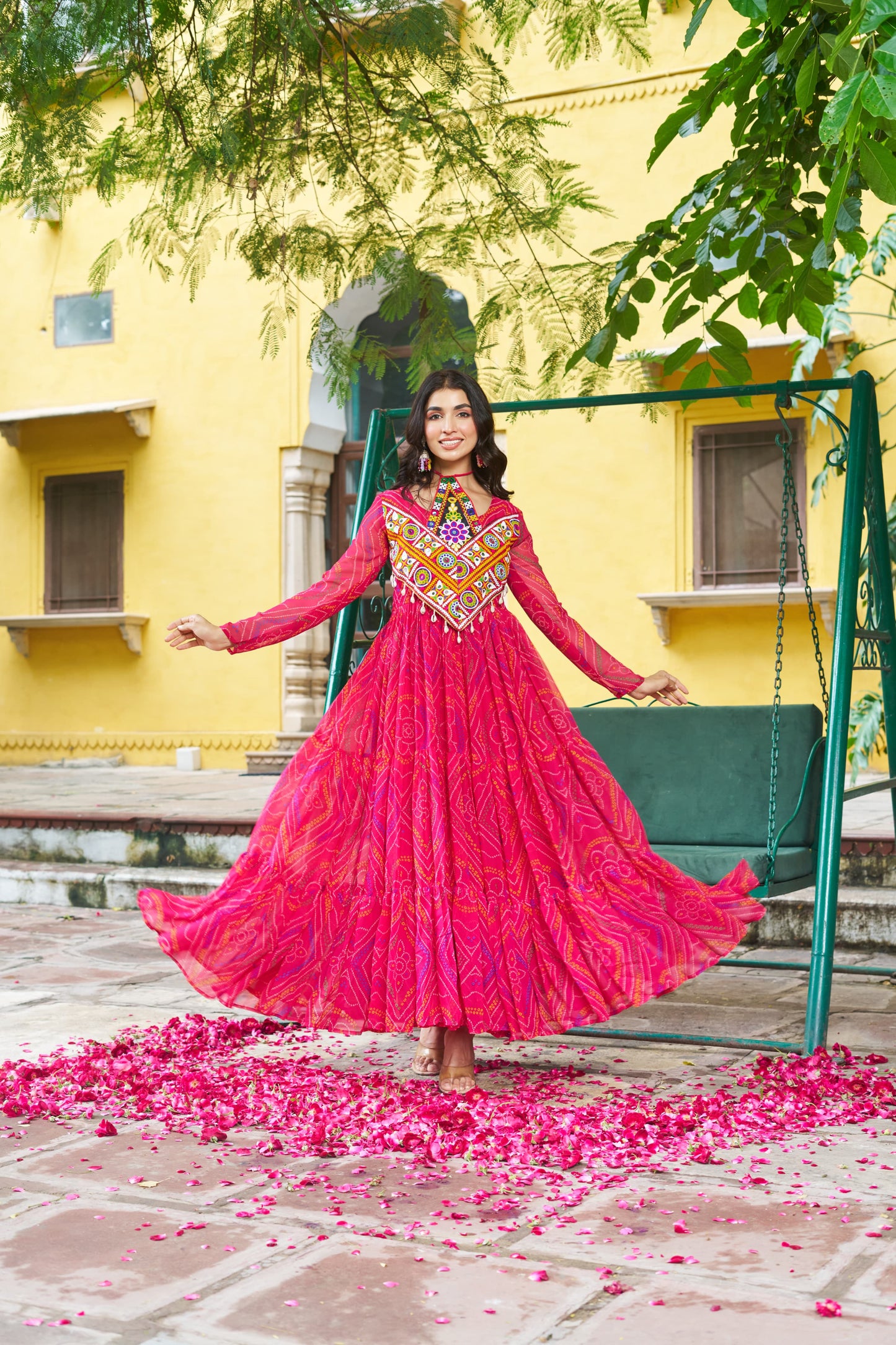 Red Georgette Kutchi Bandhani Patch Work Gown