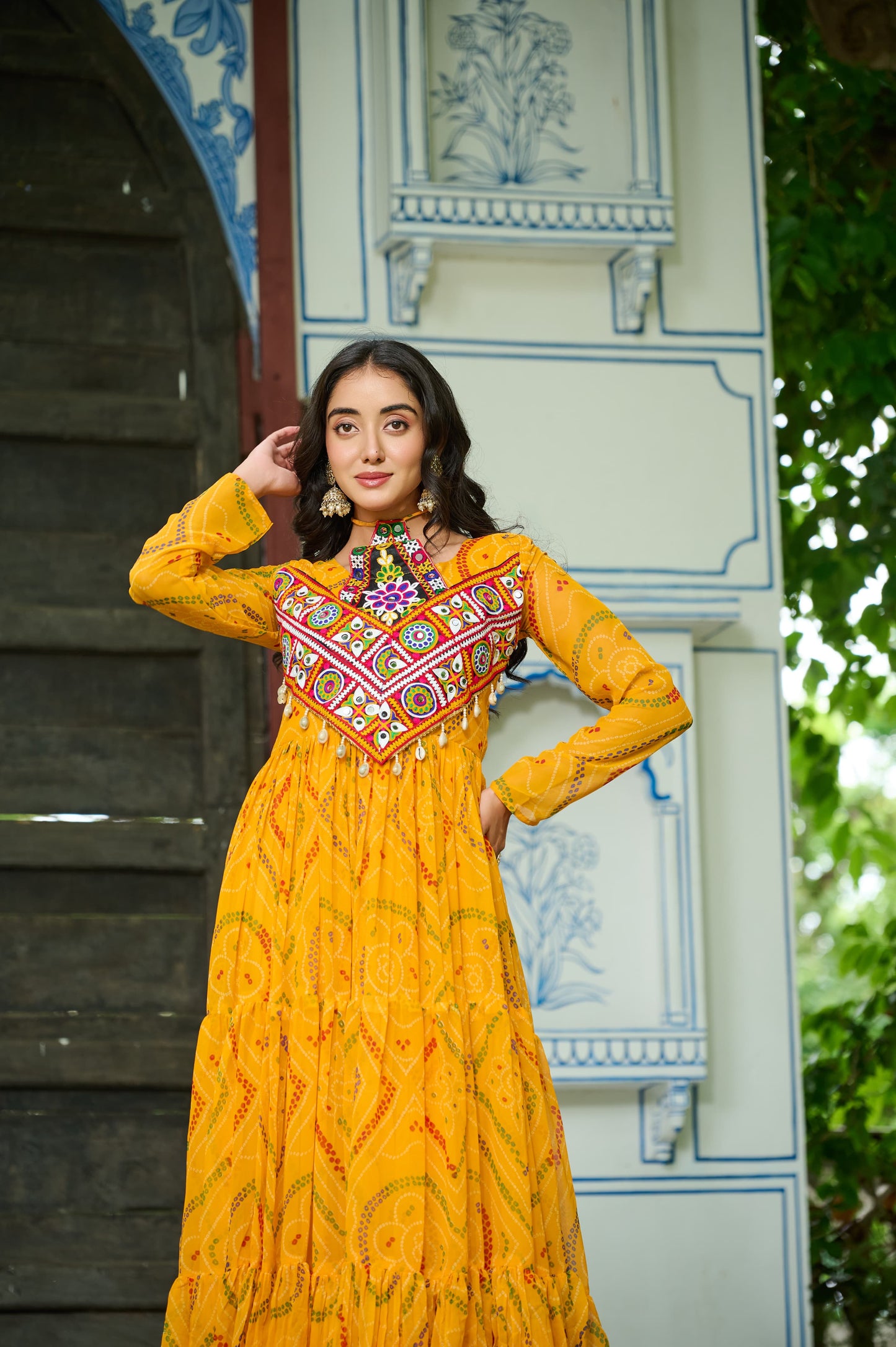 Yellow Georgette Kutchi Bandhani Patch Work Gown