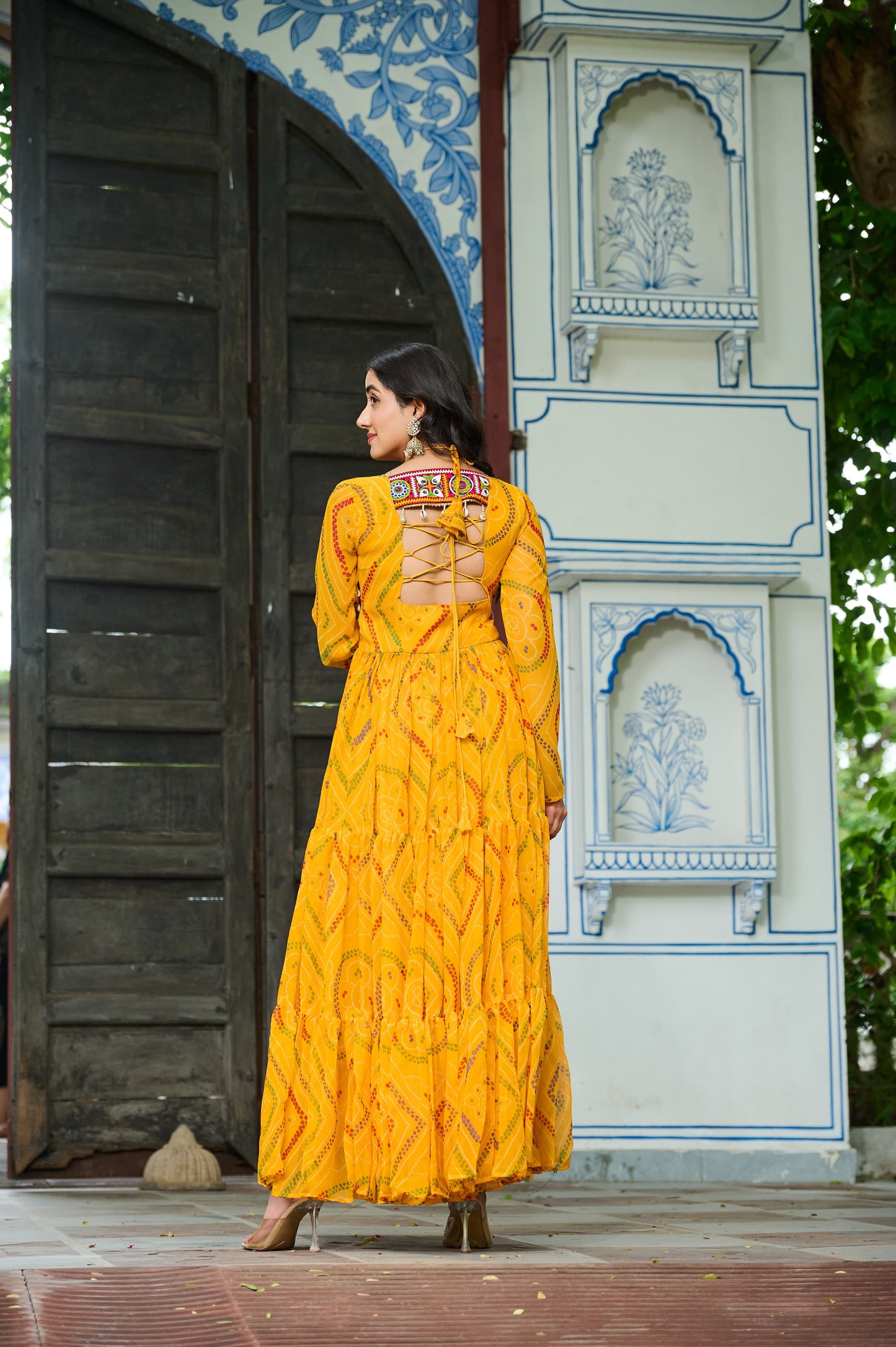 Yellow Georgette Kutchi Bandhani Patch Work Gown