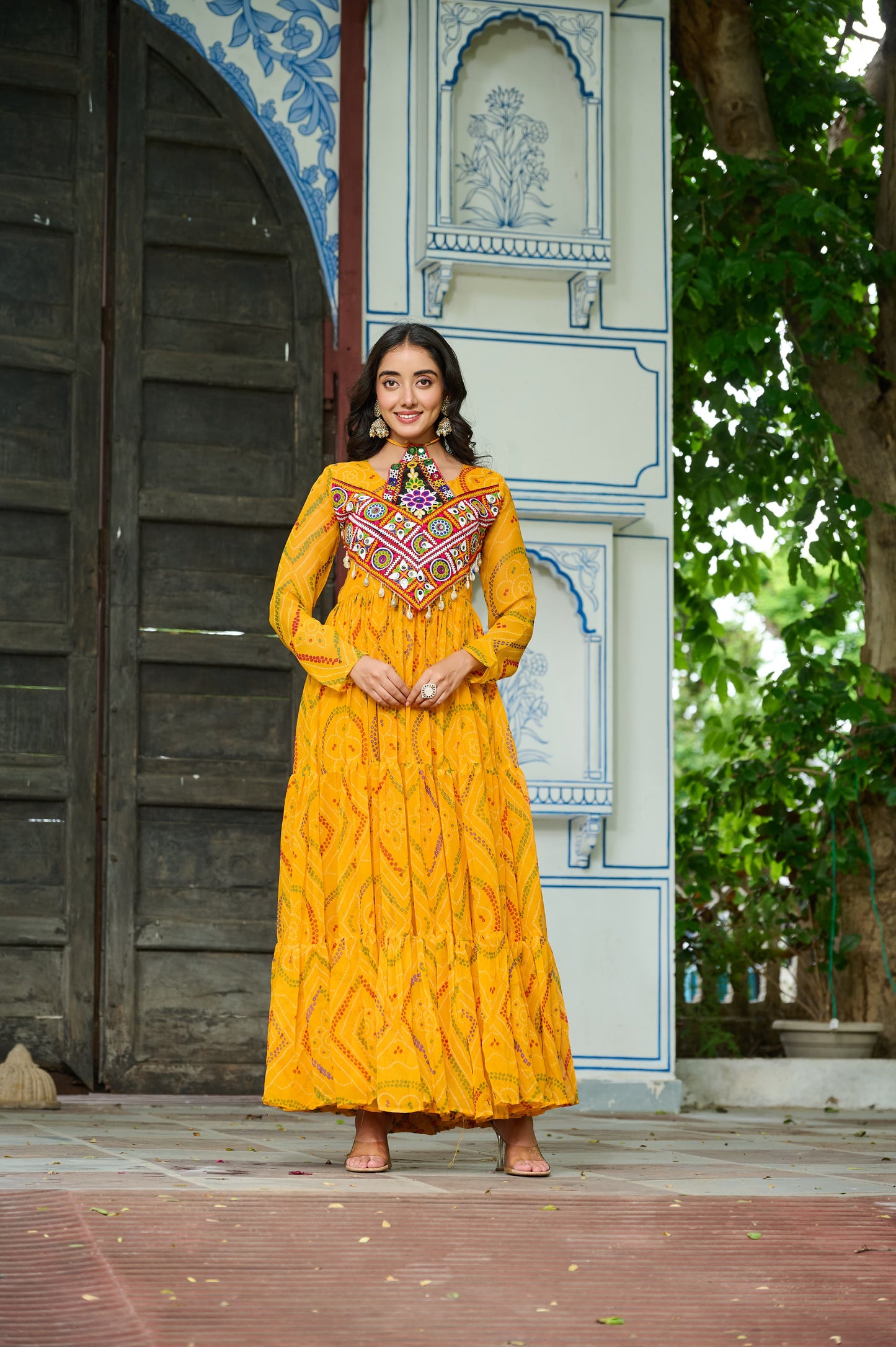 Yellow Georgette Kutchi Bandhani Patch Work Gown