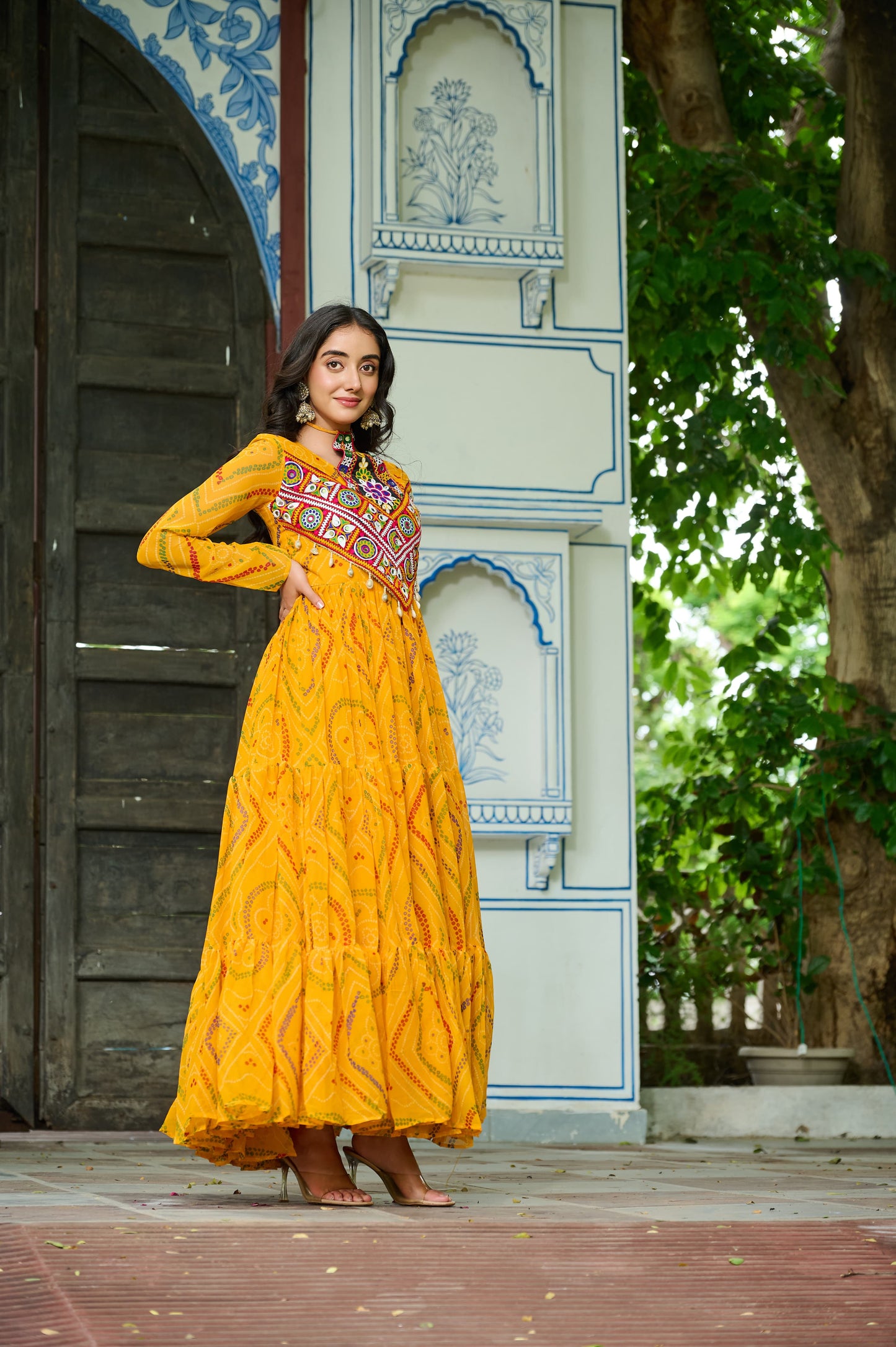 Yellow Georgette Kutchi Bandhani Patch Work Gown