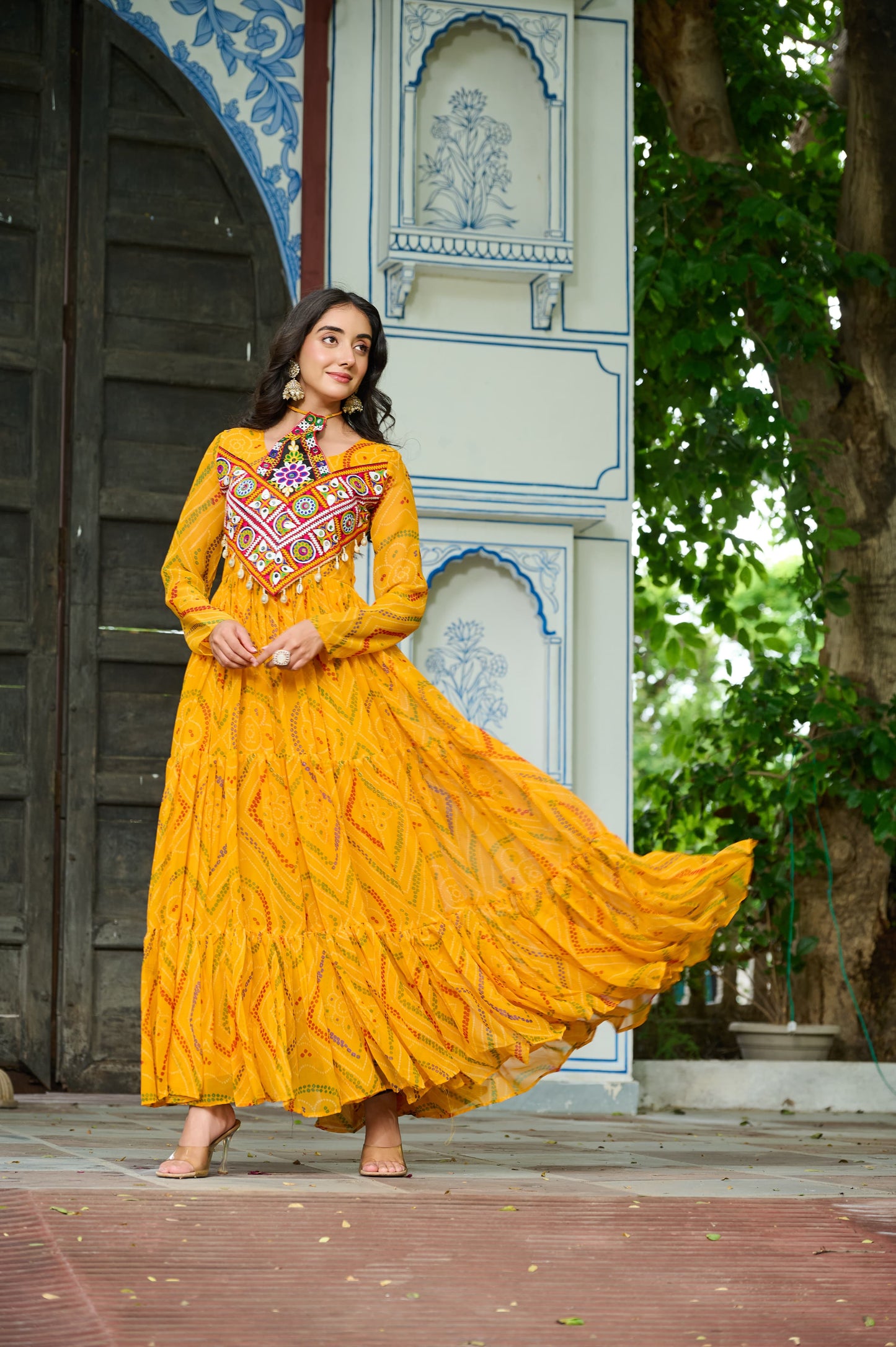 Yellow Georgette Kutchi Bandhani Patch Work Gown