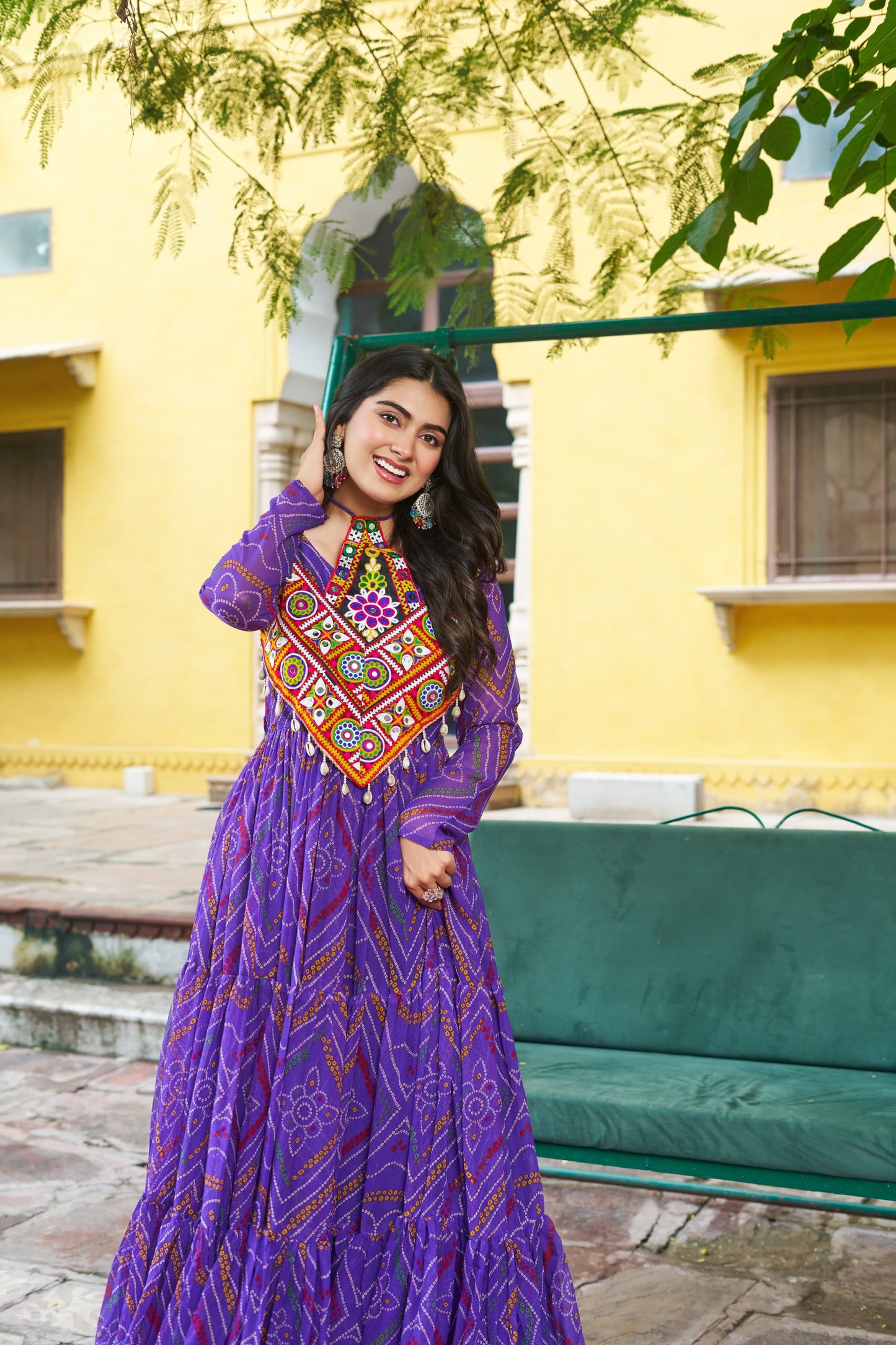 Purple Georgette Kutchi Bandhani Patch Work Gown