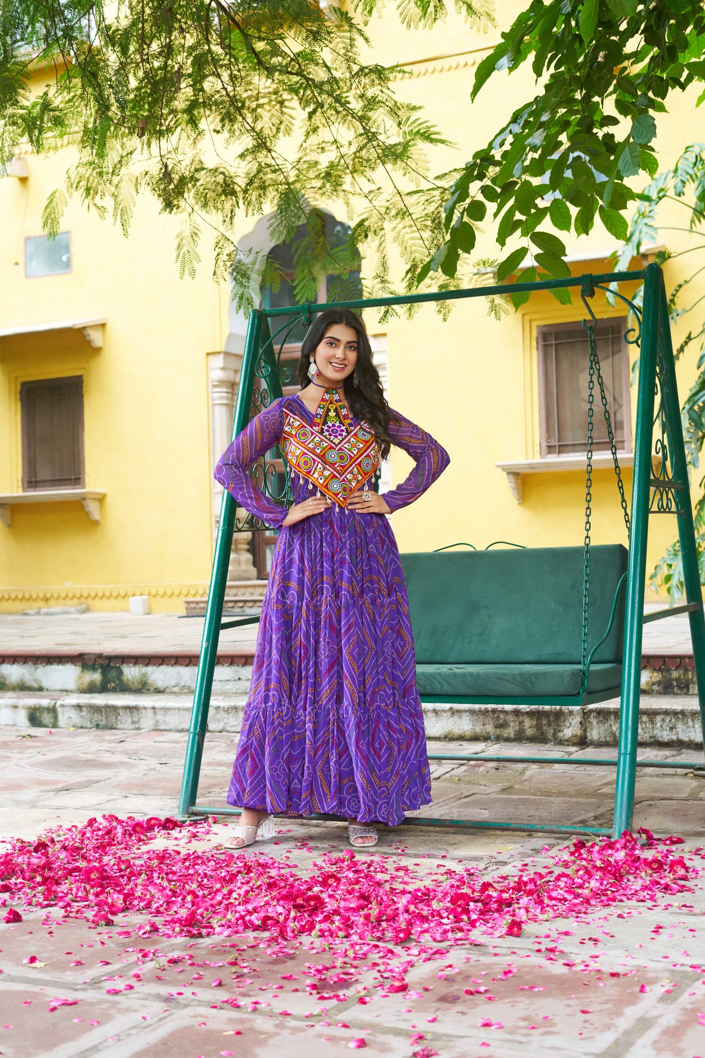 Purple Georgette Kutchi Bandhani Patch Work Gown