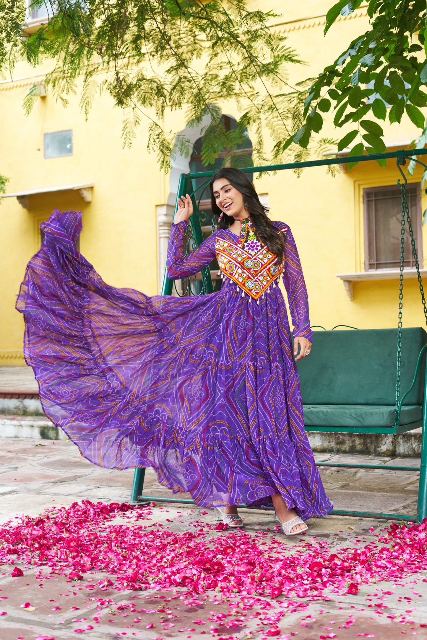 Purple Georgette Kutchi Bandhani Patch Work Gown
