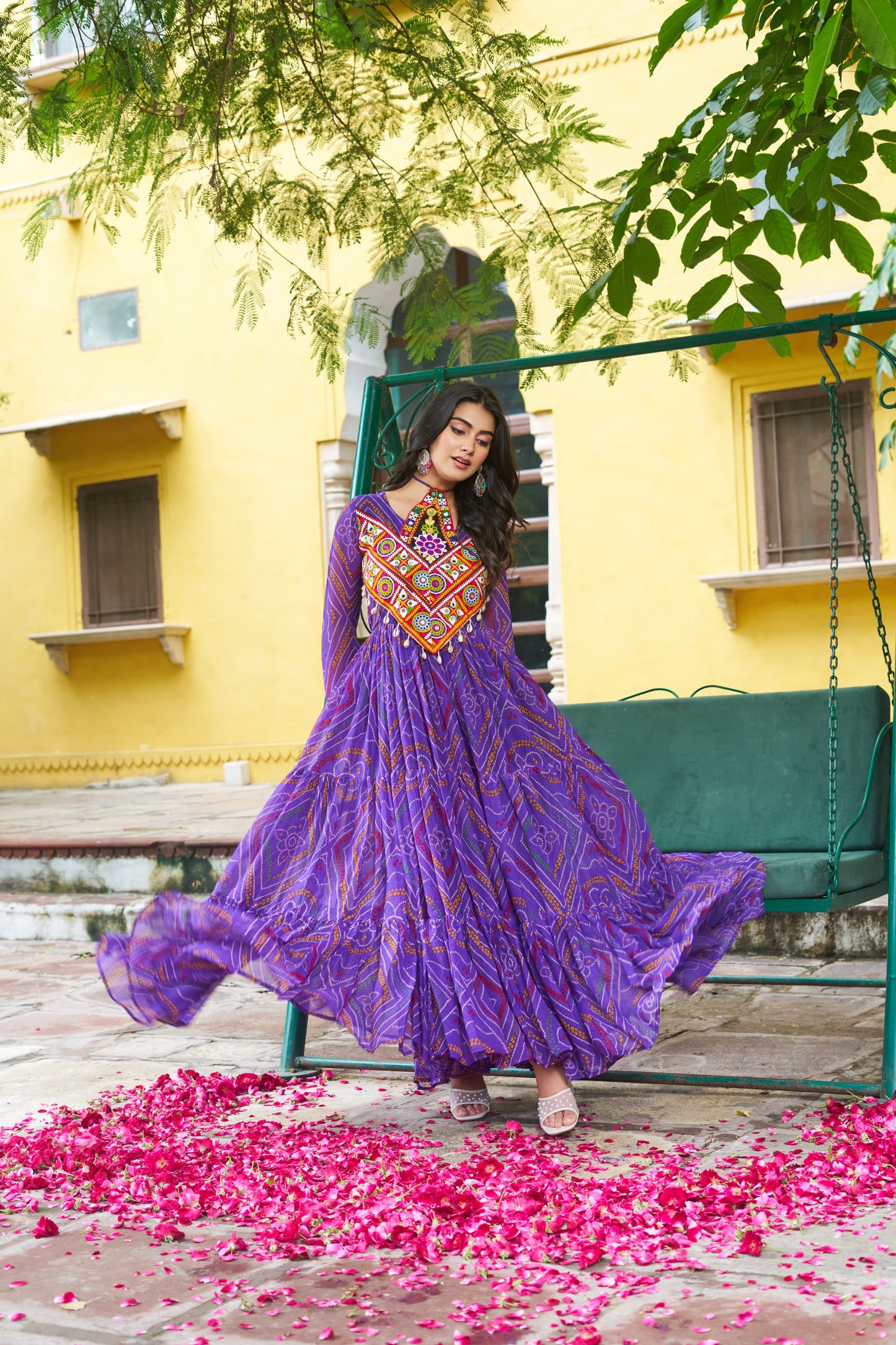 Purple Georgette Kutchi Bandhani Patch Work Gown