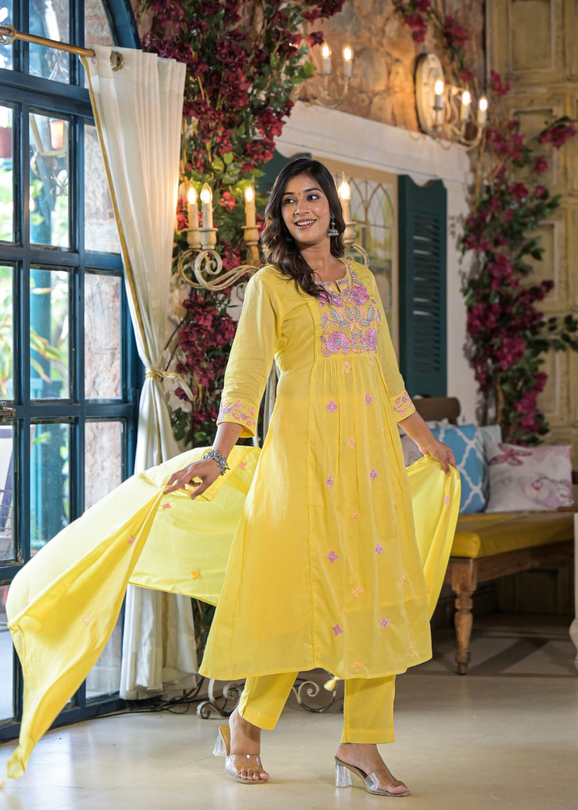Yellow Mul Cotton Embroidered Suit Set