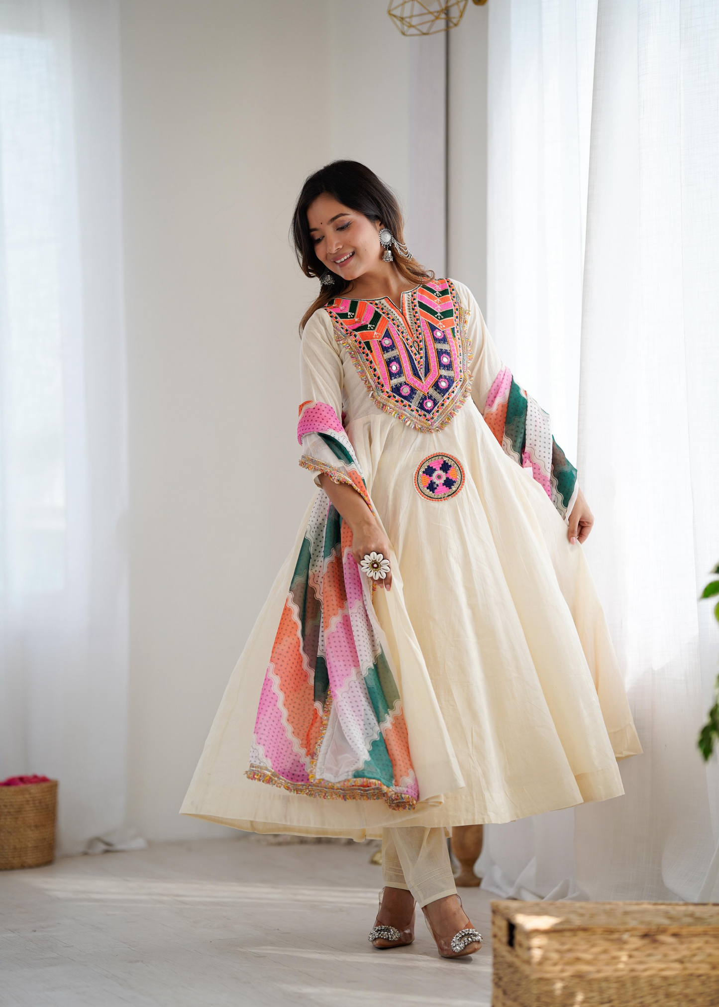 Khadi Cotton Sequence Embroidered Festive Anarkali Suit