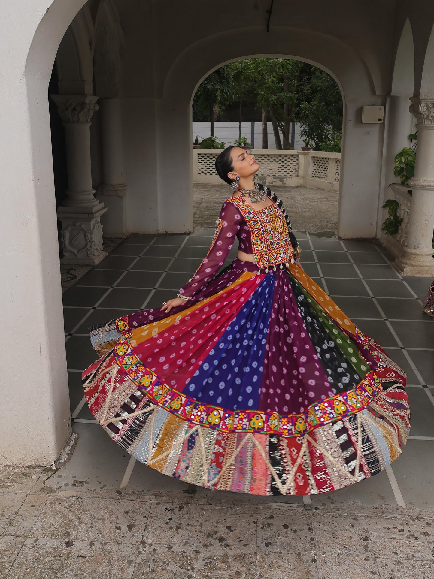 Multi Coloured Georgette Gamthi Lehenhga Choli