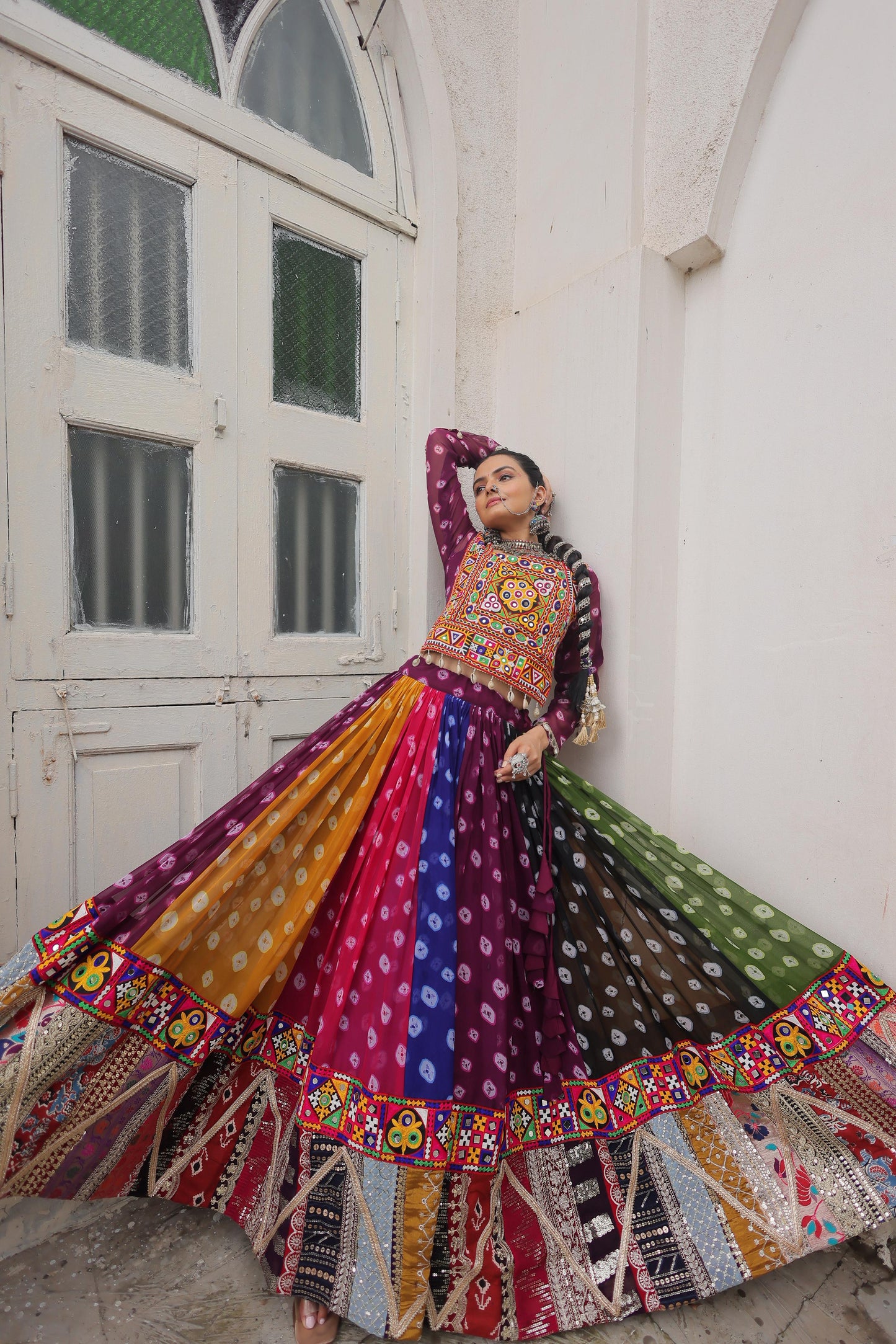 Multi Coloured Georgette Gamthi Lehenhga Choli
