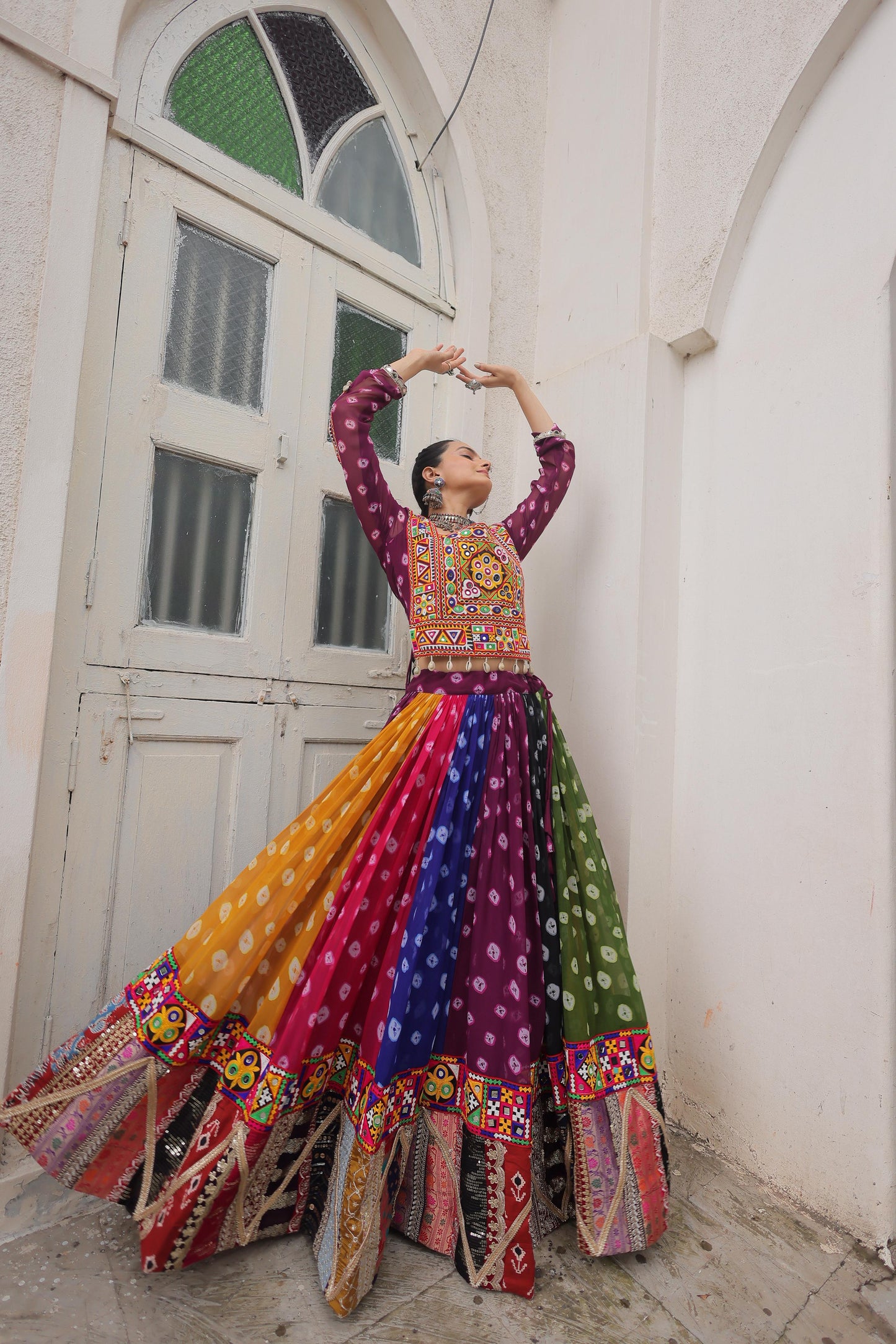 Multi Coloured Georgette Gamthi Lehenhga Choli