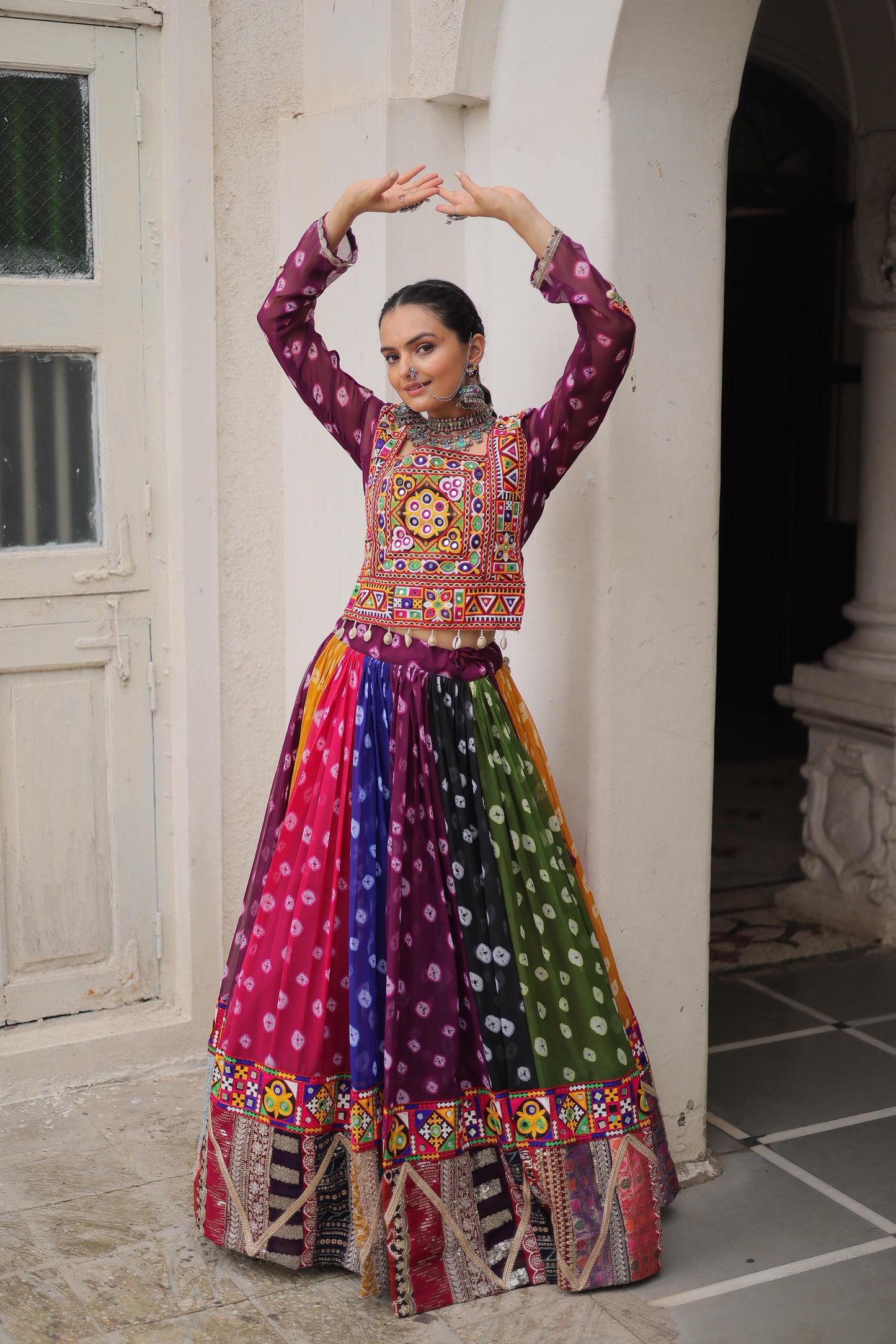 Multi Coloured Georgette Gamthi Lehenhga Choli