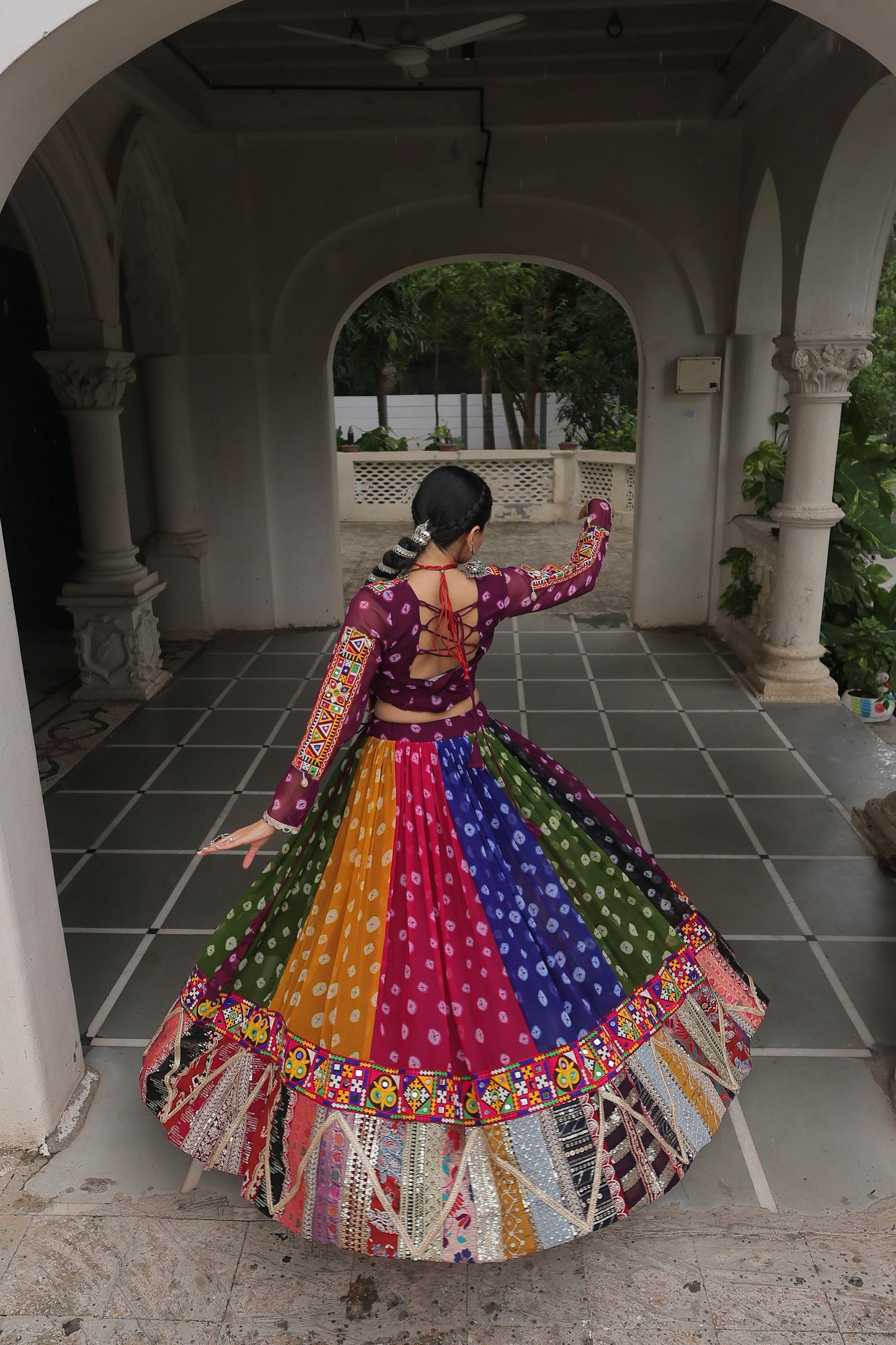 Multi Coloured Georgette Gamthi Lehenhga Choli