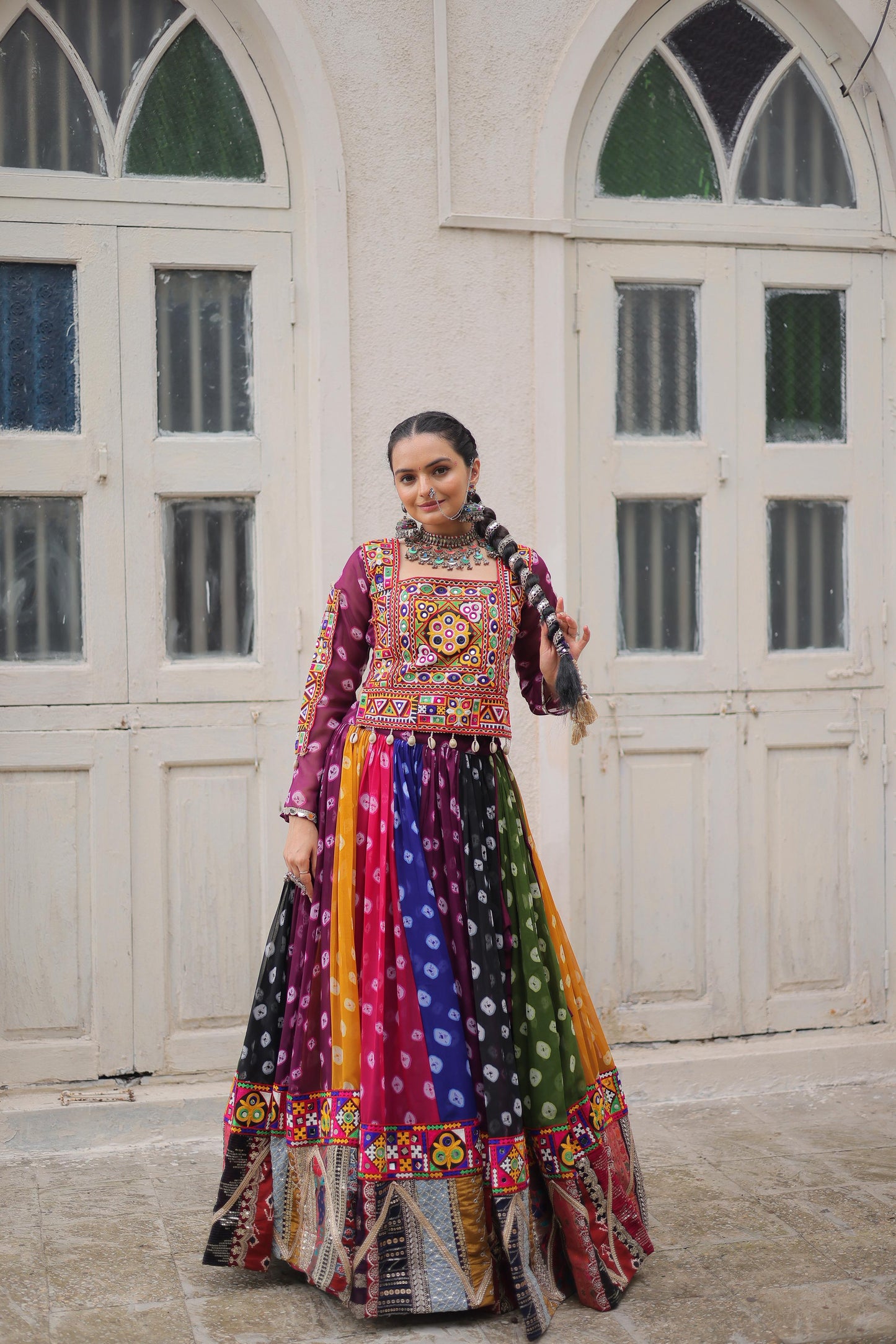 Multi Coloured Georgette Gamthi Lehenhga Choli